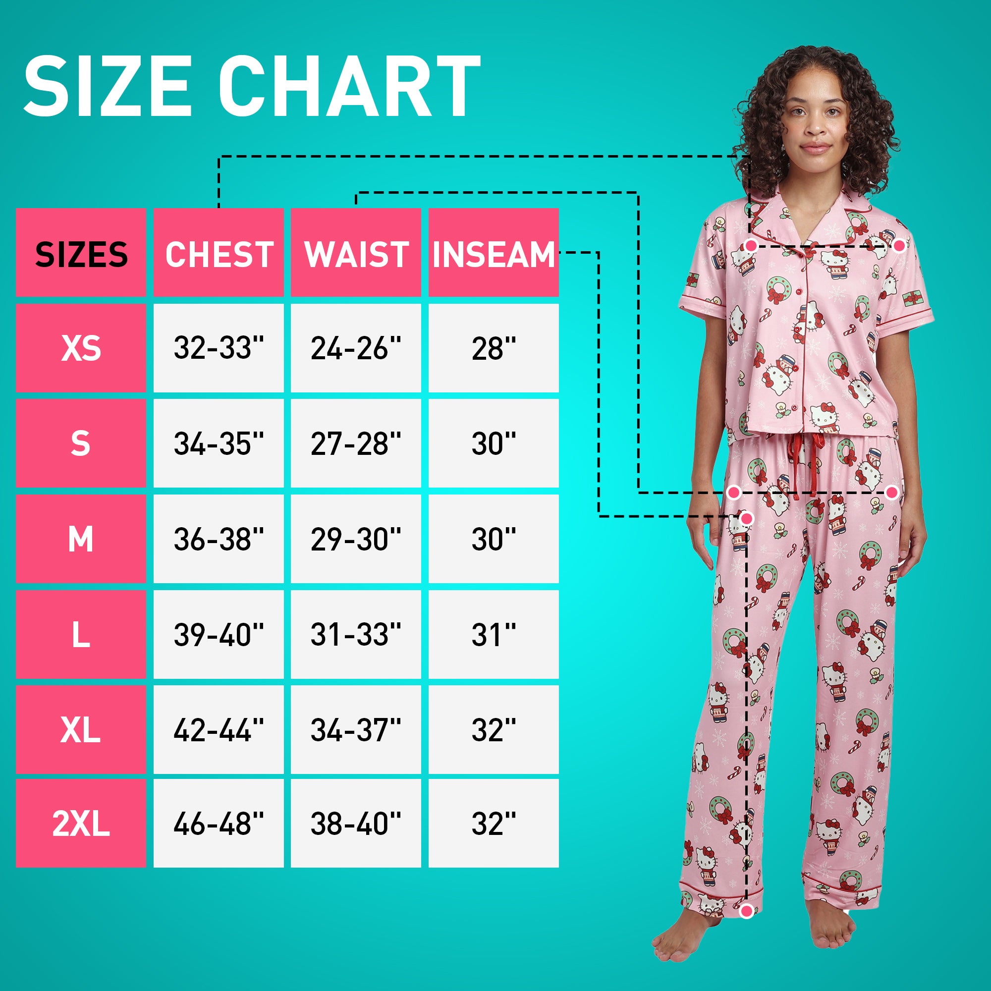 Hello Kitty Holiday All-Over Print Women's Button-Down Shirt And Pants Traditional 2-Piece Pajama Set