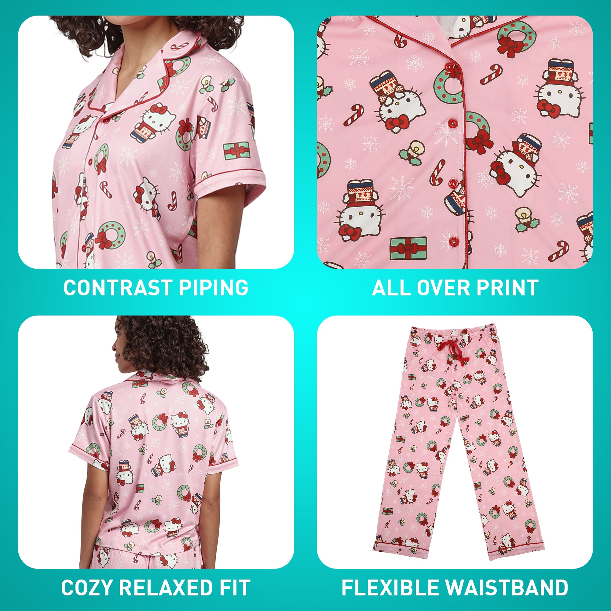 Hello Kitty Holiday All-Over Print Women's Button-Down Shirt And Pants Traditional 2-Piece Pajama Set