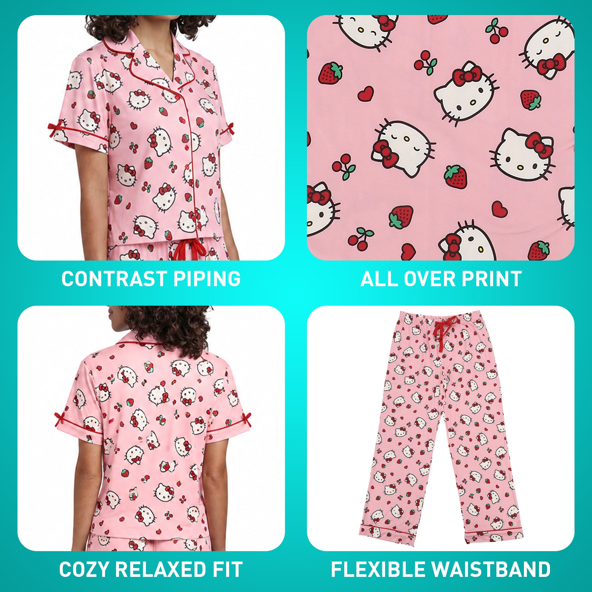 Hello Kitty Heads with Strawberries Women's Pink Pajama Set