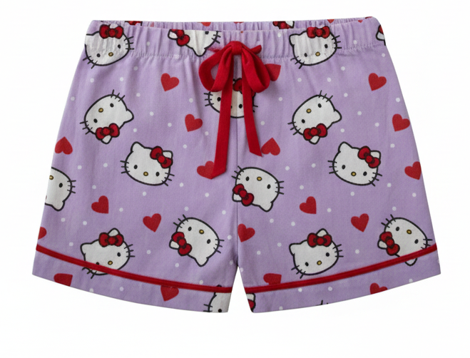 Hello Kitty Head AOP White Polka Dots and Red Hearts Red Bows Shorts Set