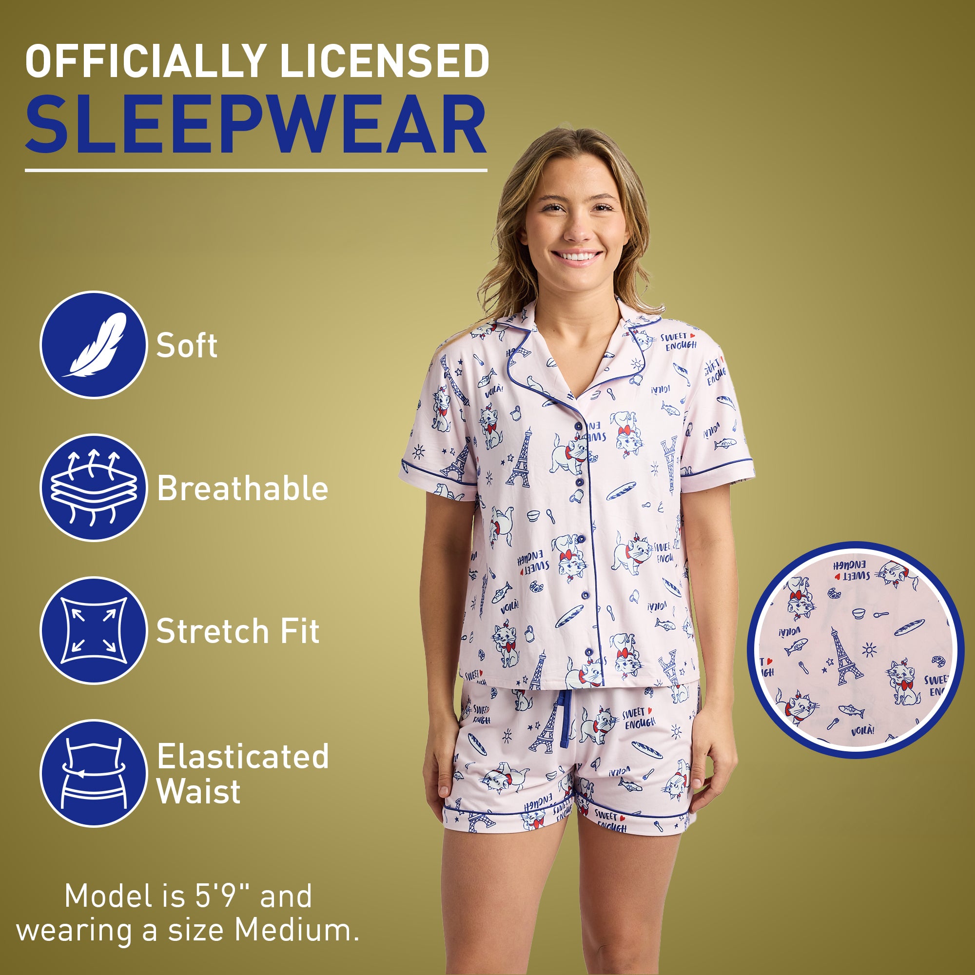 Disney The Aristocats Marie Women's Notch Collar Button-Down Shirt and Shorts Sleepwear Set
