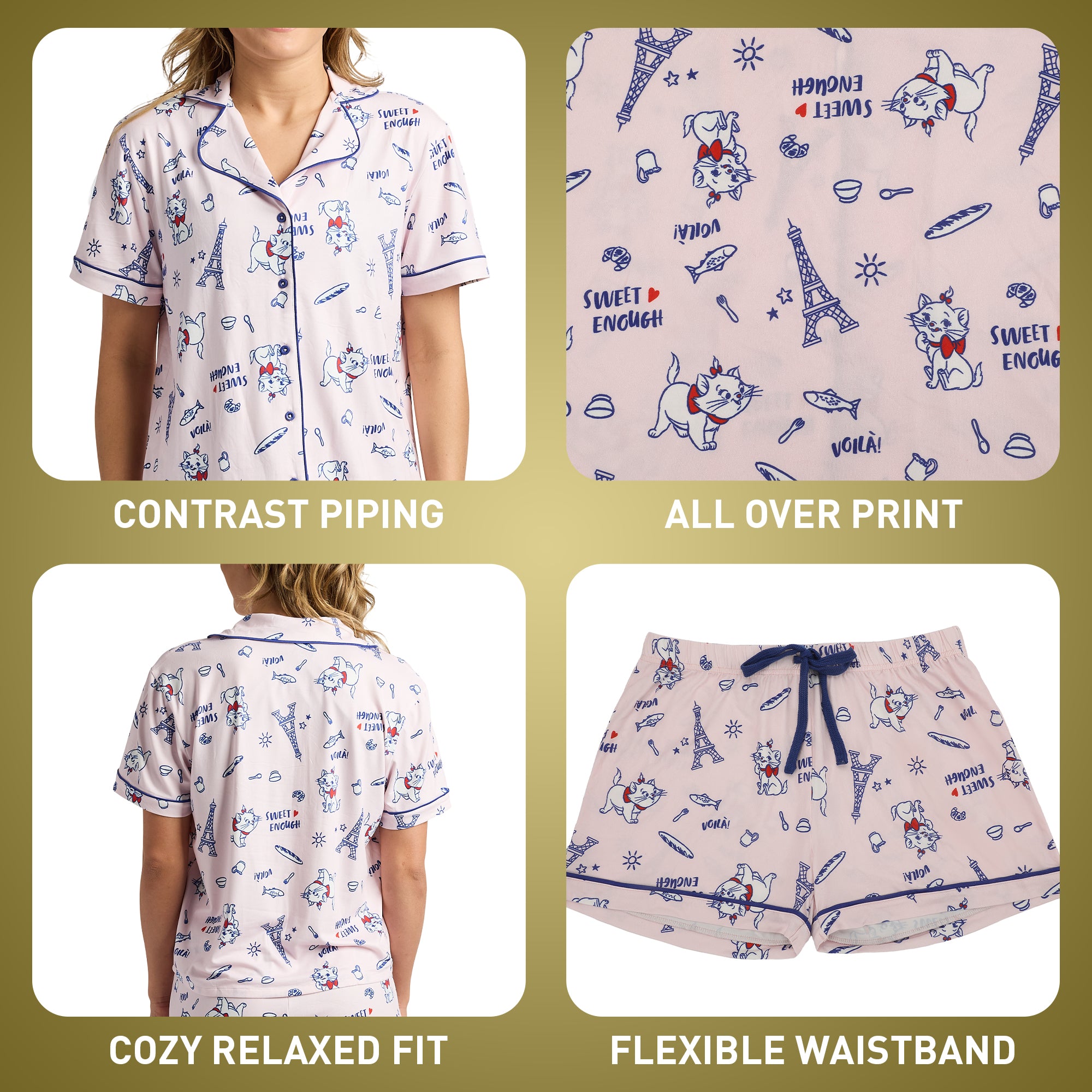 Disney The Aristocats Marie Women's Notch Collar Button-Down Shirt and Shorts Sleepwear Set