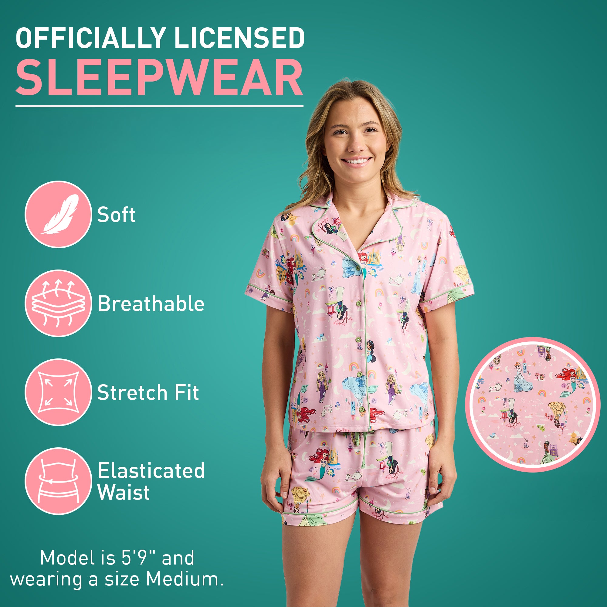 Disney Princesses Women's Notch Collar Button-Down Shirt and Shorts Sleepwear Set