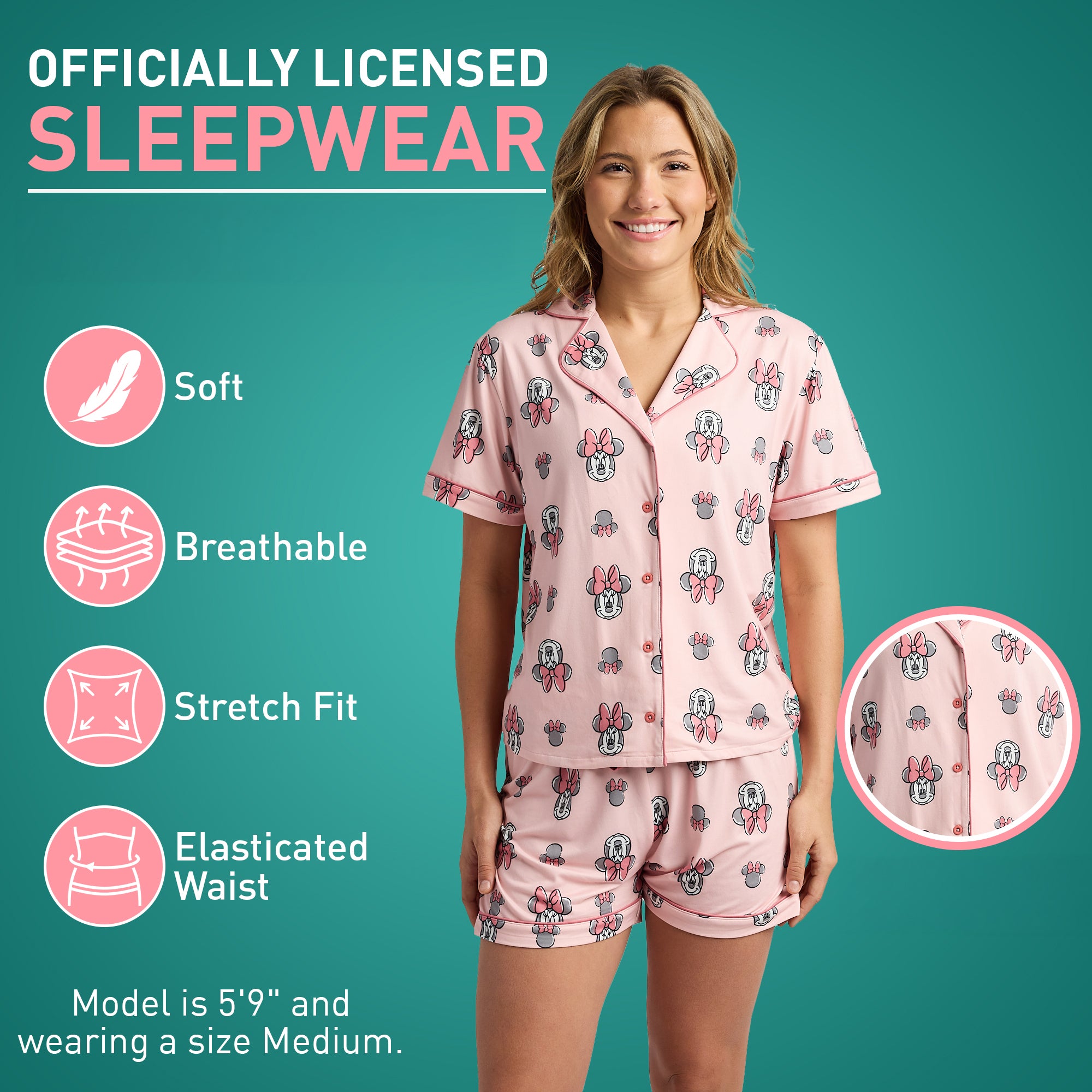 Disney's Minnie Mouse Women's Notch Collar Button-Down Shirt and Shorts Sleepwear Set