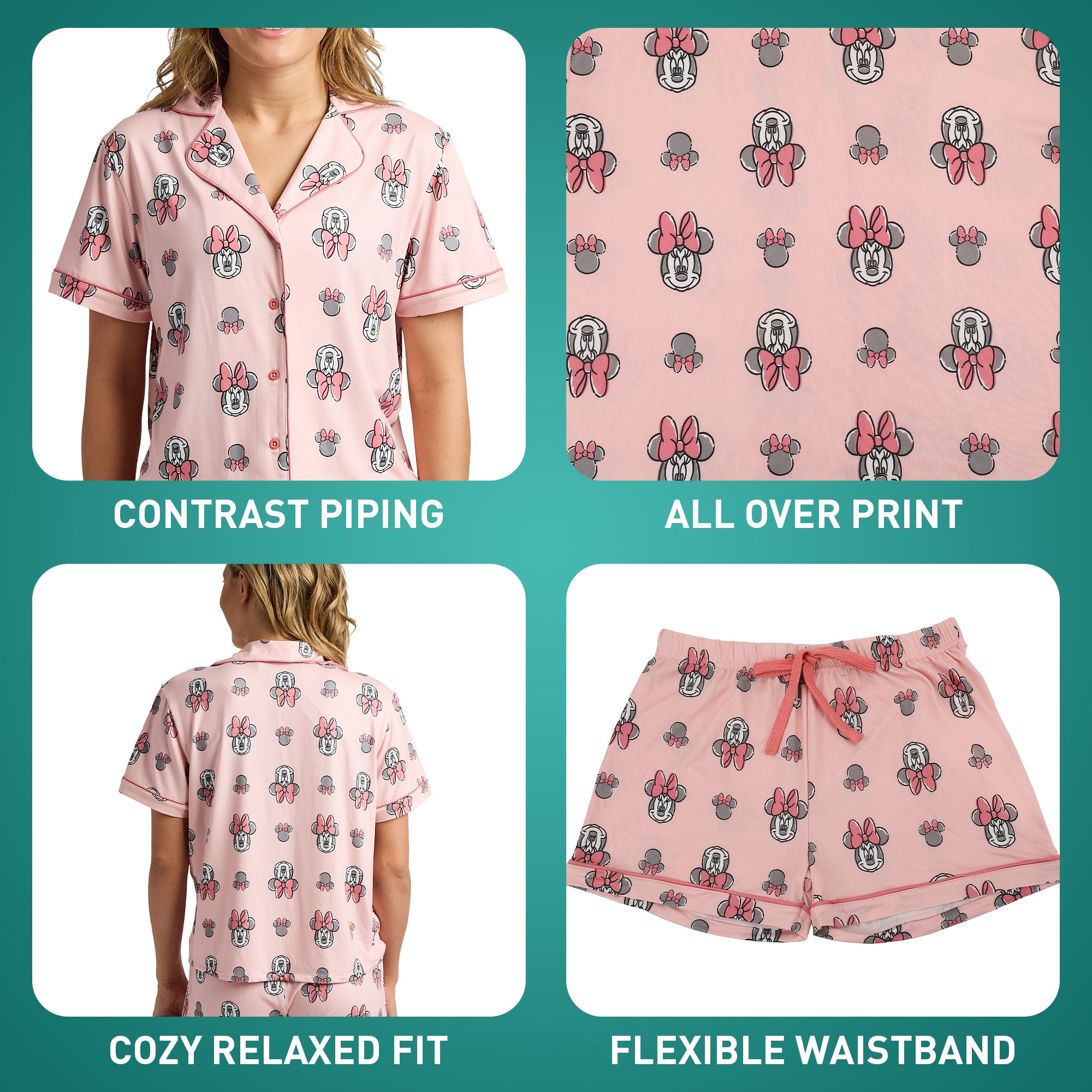 Disney's Minnie Mouse Women's Notch Collar Button-Down Shirt and Shorts Sleepwear Set
