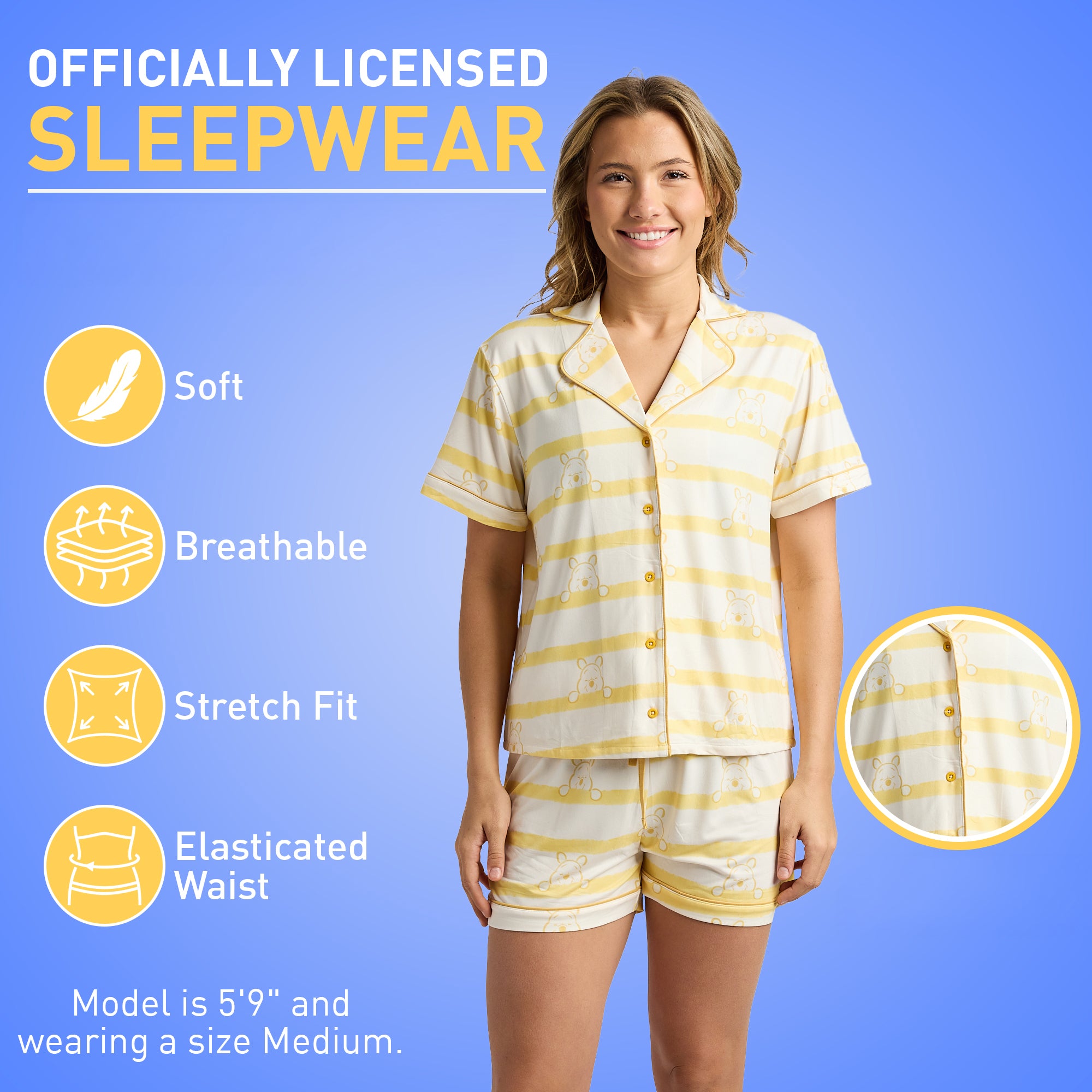 Disney's Winnie the Pooh Women's Notch Collar Button-Down Shirt and Shorts Sleepwear Set
