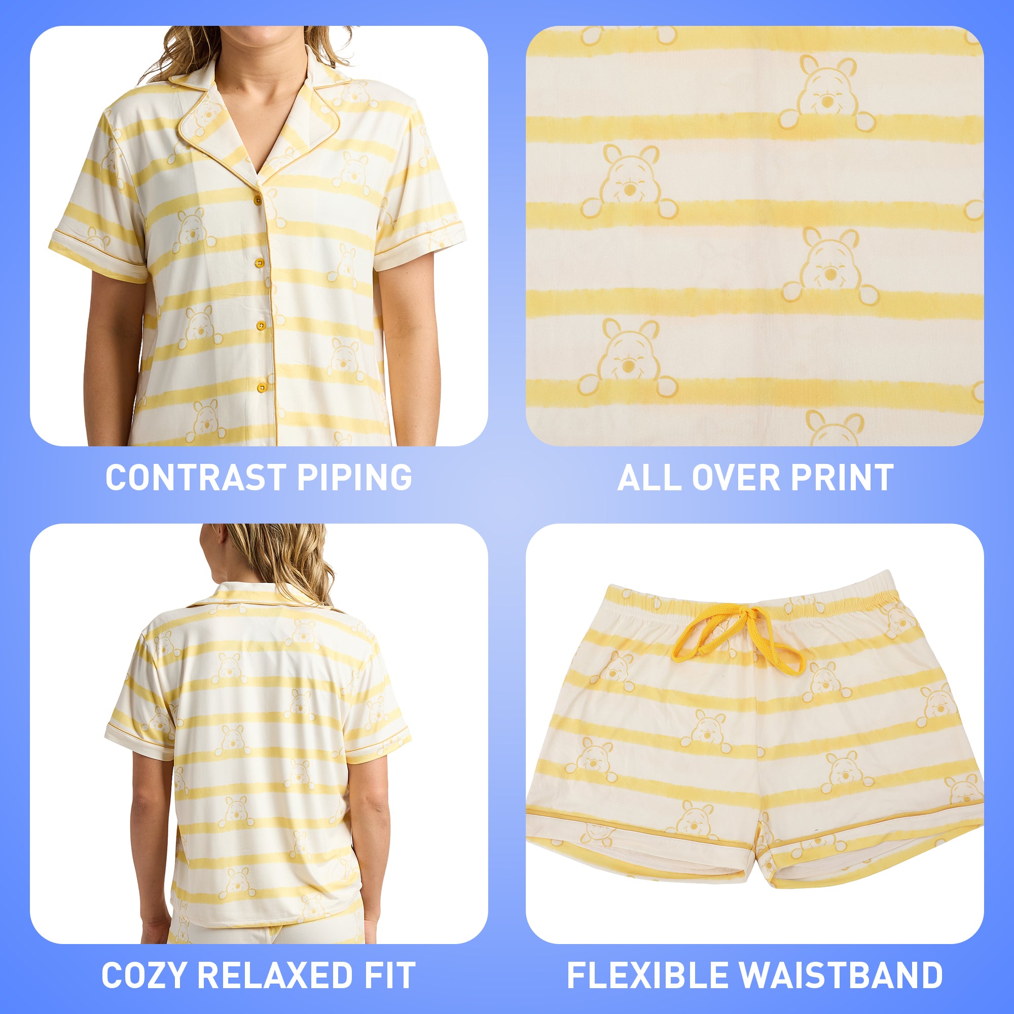 Disney's Winnie the Pooh Women's Notch Collar Button-Down Shirt and Shorts Sleepwear Set