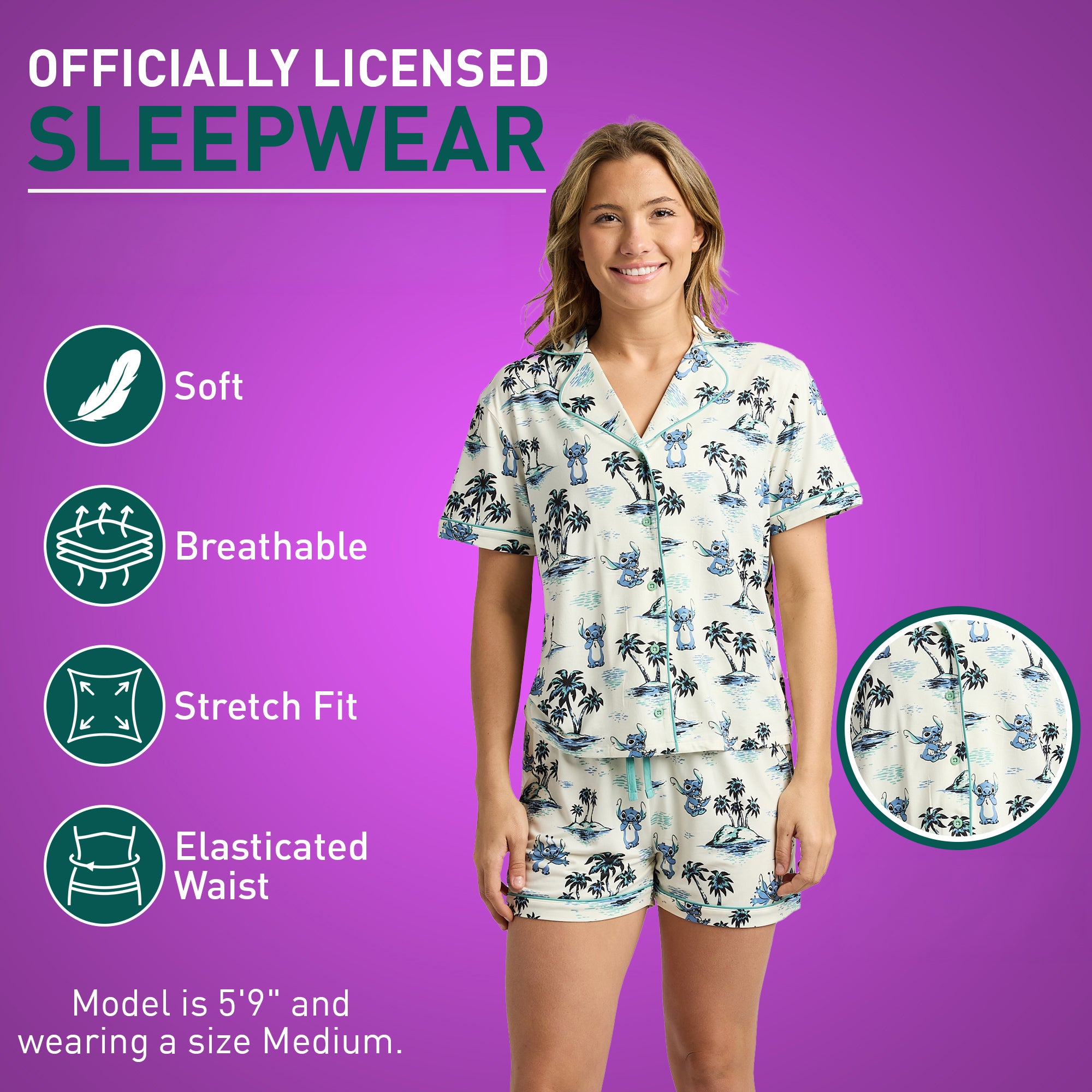 Disney's Lilo & Stitch Classic Hawaii Women's Notch Collar Button-Down Shirt and Shorts Sleepwear Set