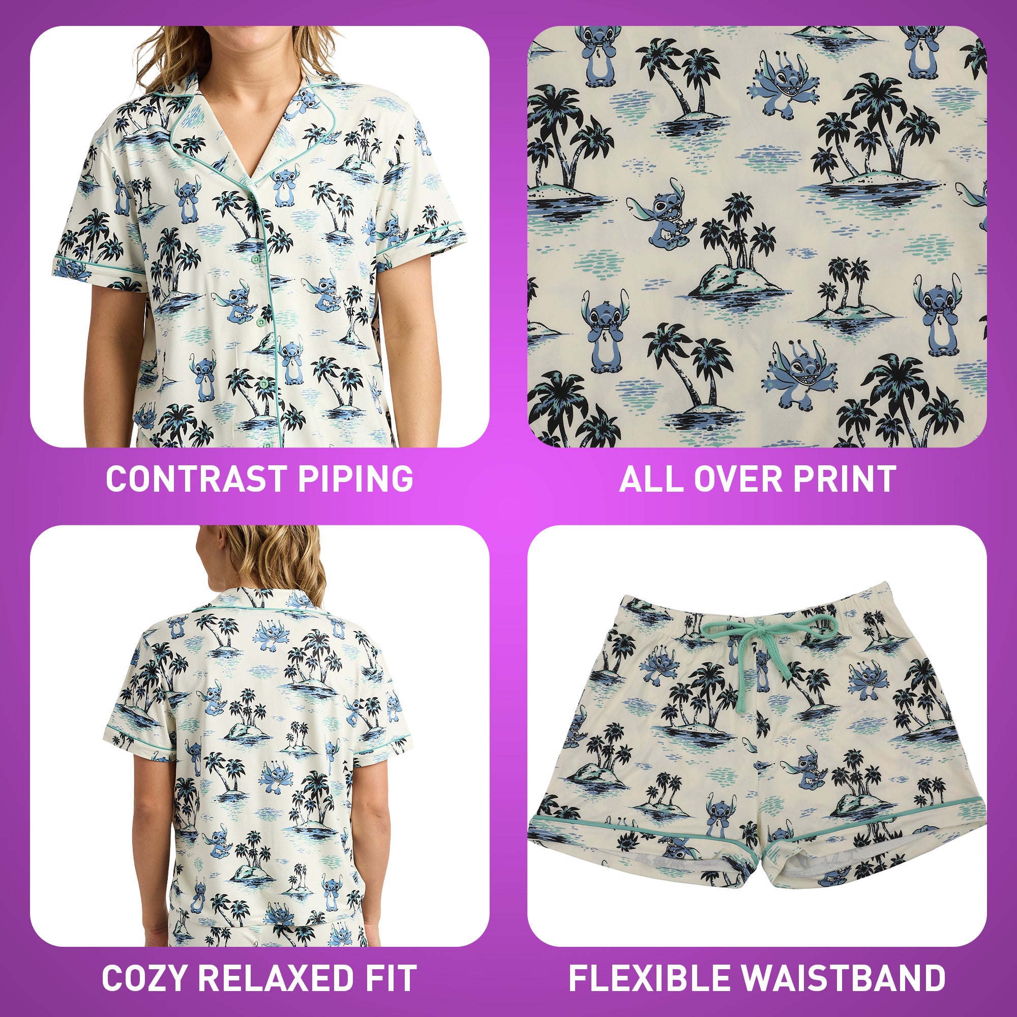 Disney's Lilo & Stitch Classic Hawaii Women's Notch Collar Button-Down Shirt and Shorts Sleepwear Set