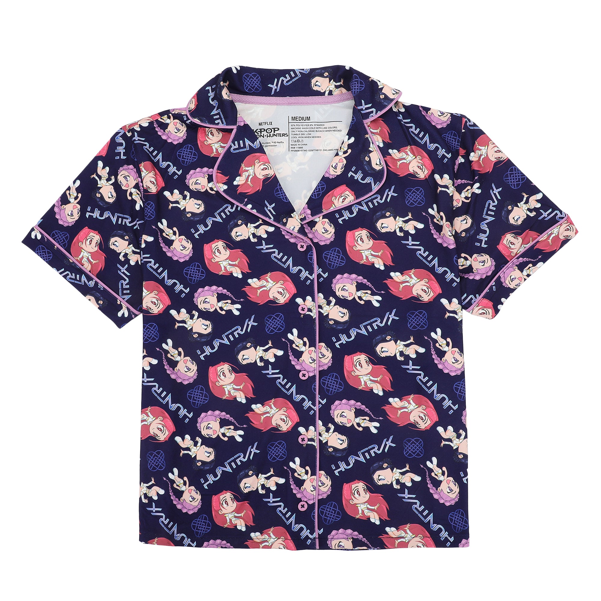 KPop Demon Hunter Kawaii Characters Women’s Notch Collar Button-Down Shirt and Shorts Sleepwear Set