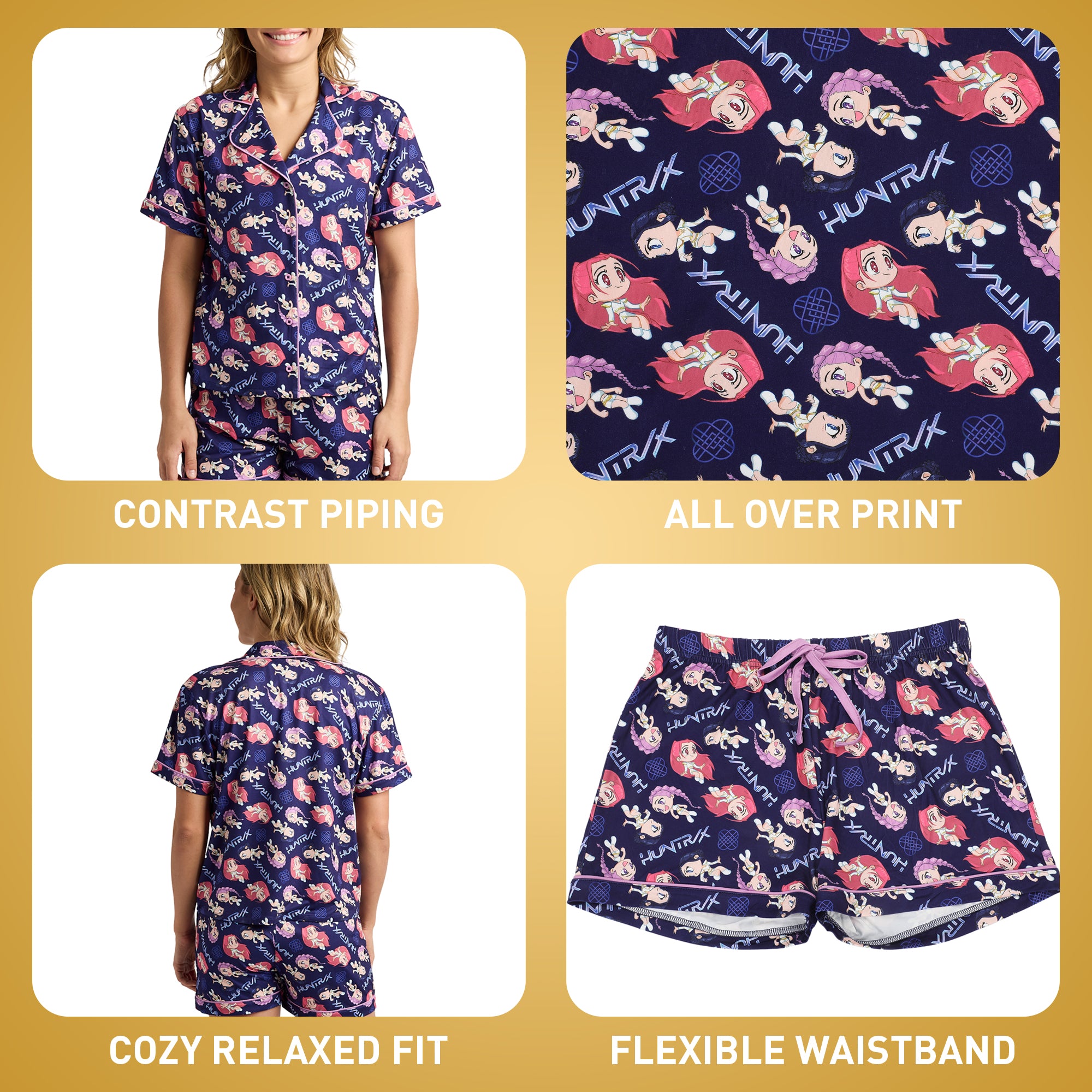 KPop Demon Hunter Kawaii Characters Women's Notch Collar Button-Down Shirt and Shorts Sleepwear Set