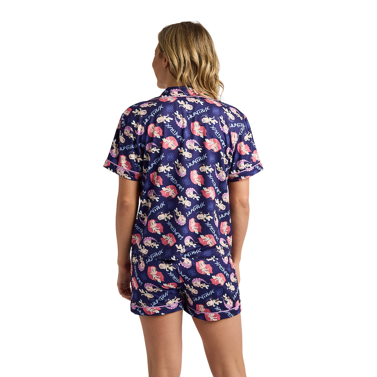 KPop Demon Hunter Kawaii Characters Women's Notch Collar Button-Down Shirt and Shorts Sleepwear Set