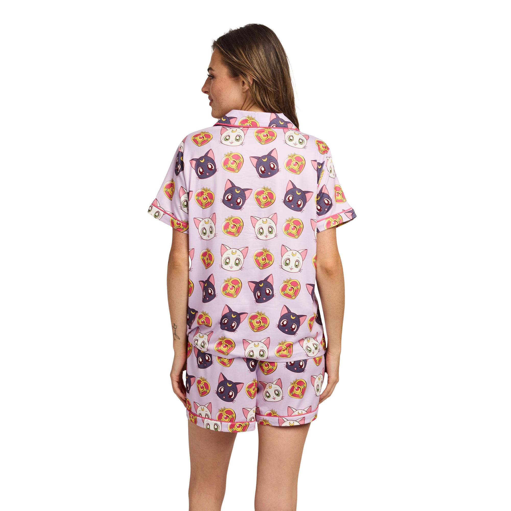 Sailor Moon Luna, Artemis, and Diana All-Over Print Women’s Notch Collar Button-Down Shirt and Shorts Sleepwear Set