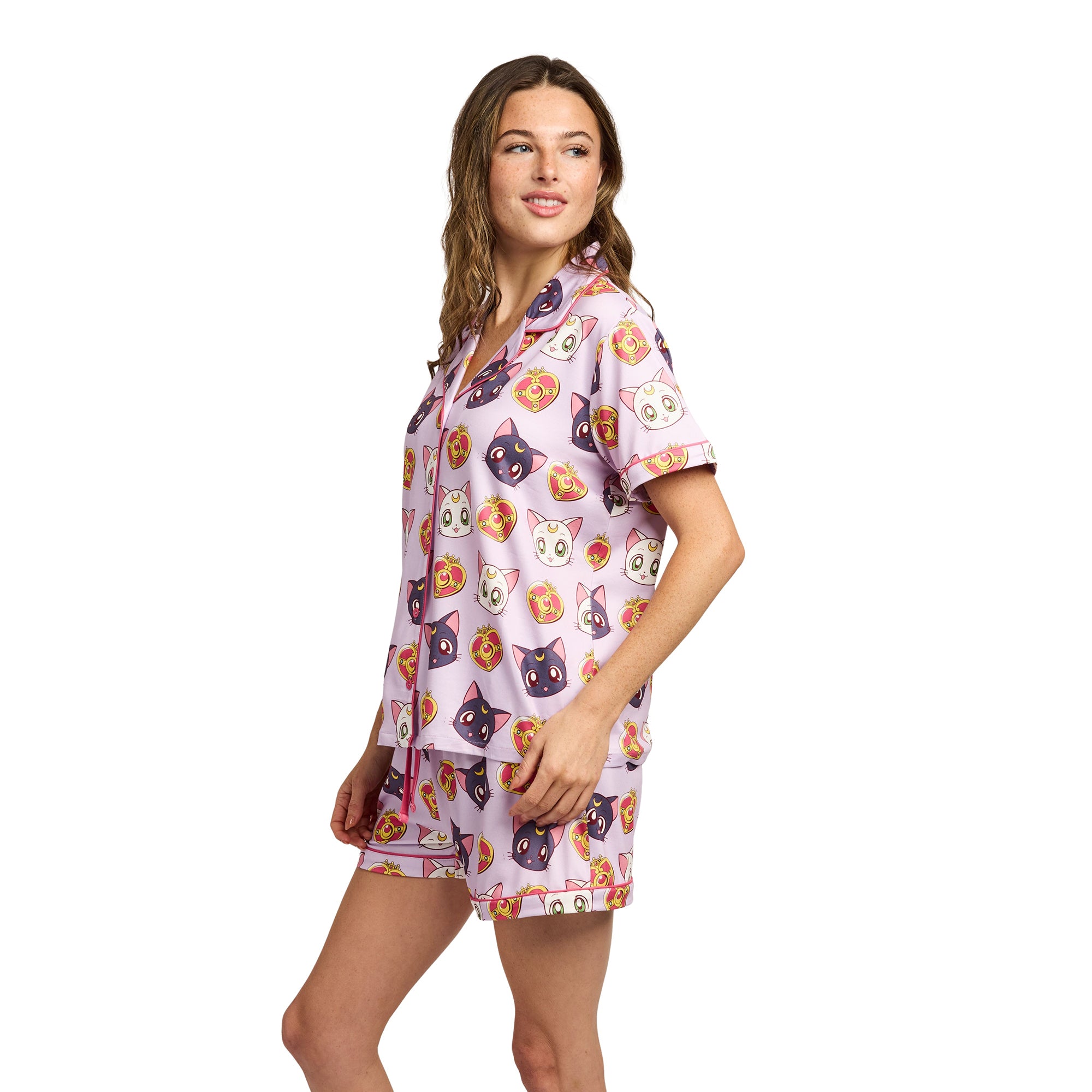 Sailor Moon Luna, Artemis, and Diana All-Over Print Women’s Notch Collar Button-Down Shirt and Shorts Sleepwear Set