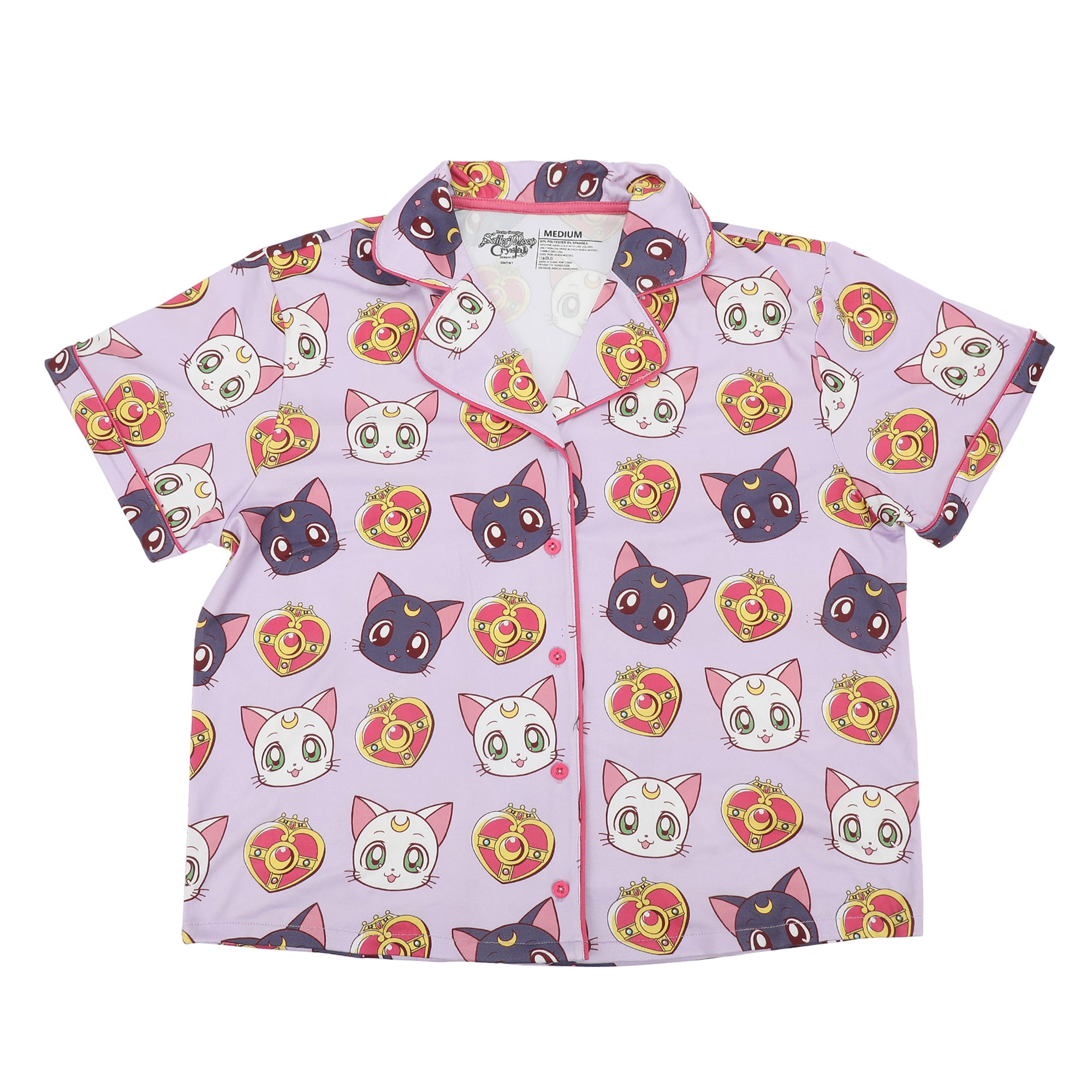 Sailor Moon Luna, Artemis, and Diana All-Over Print Women’s Notch Collar Button-Down Shirt and Shorts Sleepwear Set