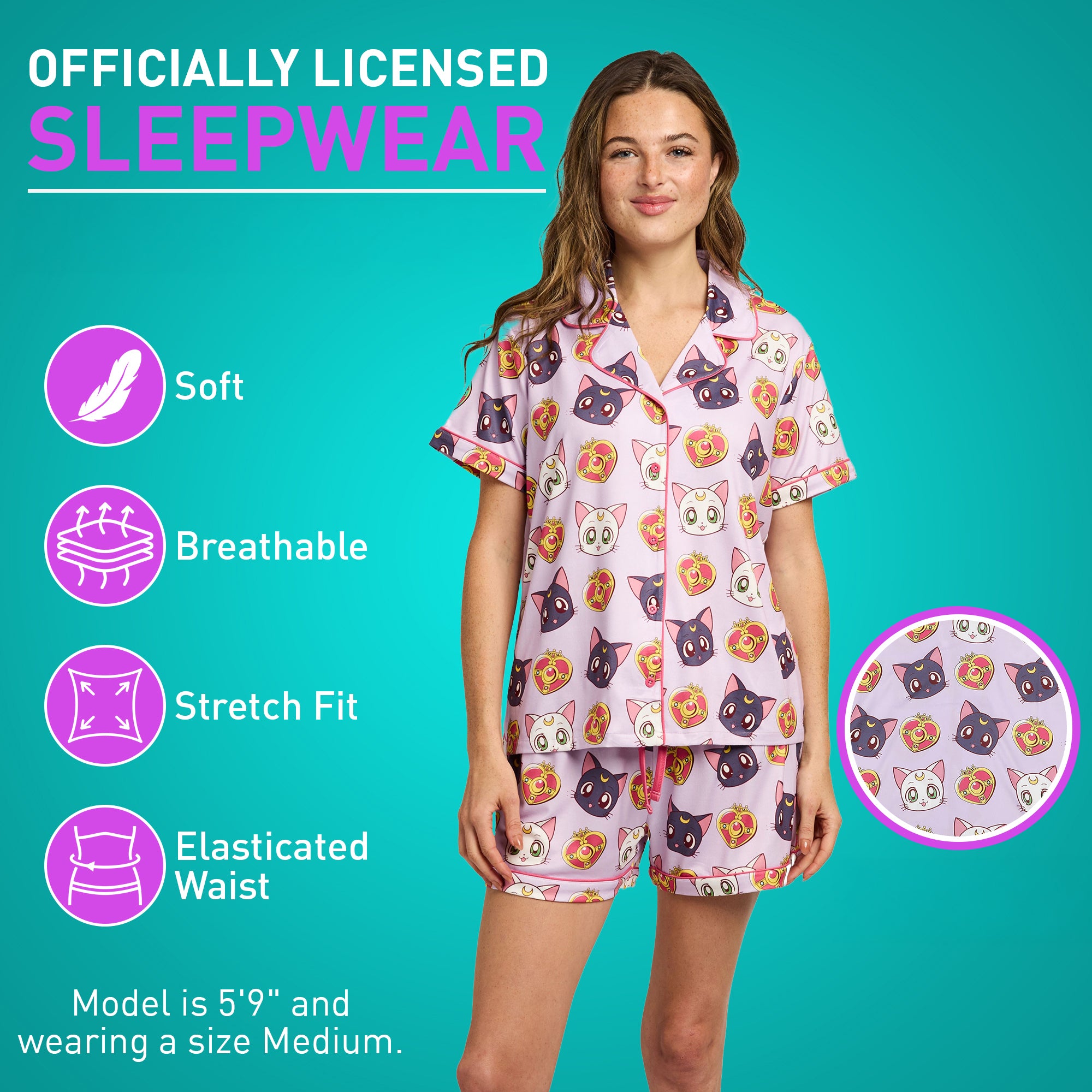 Sailor Moon Luna, Artemis, and Diana All-Over Print Women’s Notch Collar Button-Down Shirt and Shorts Sleepwear Set