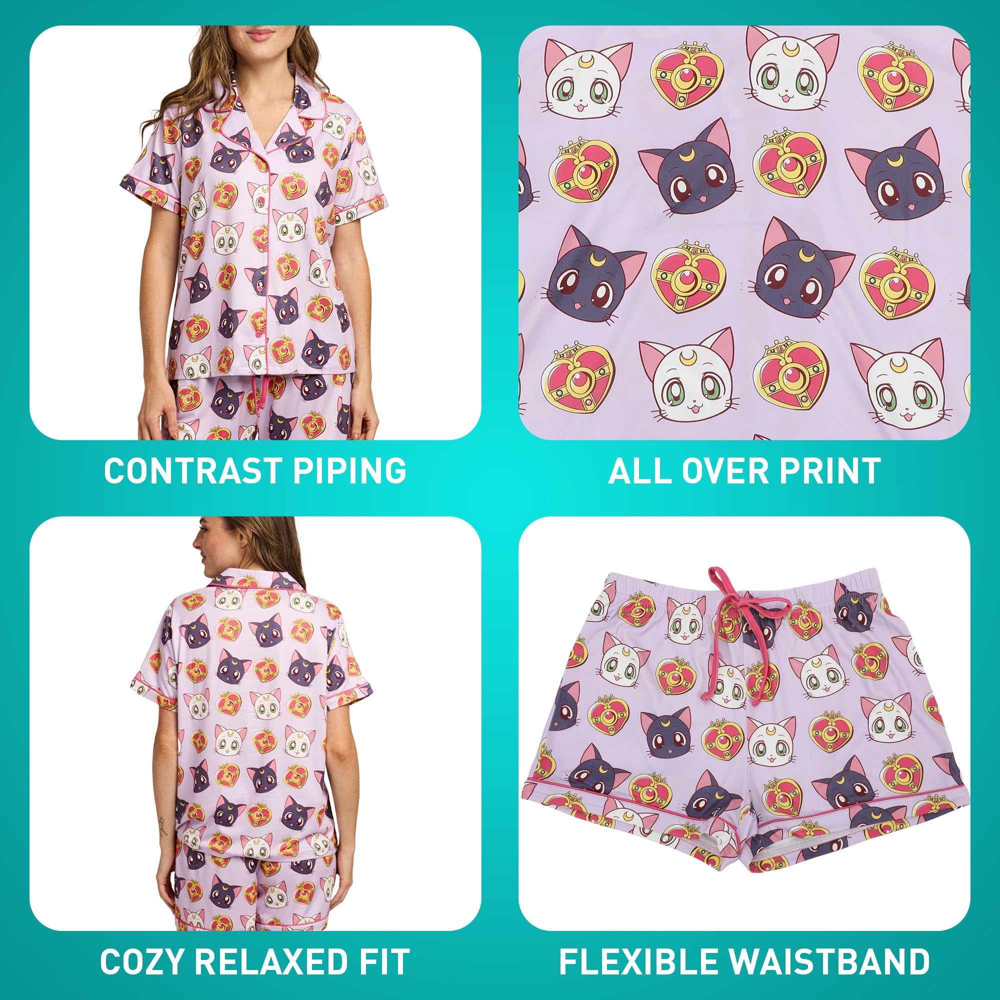 Sailor Moon Luna, Artemis, and Diana All-Over Print Women’s Notch Collar Button-Down Shirt and Shorts Sleepwear Set