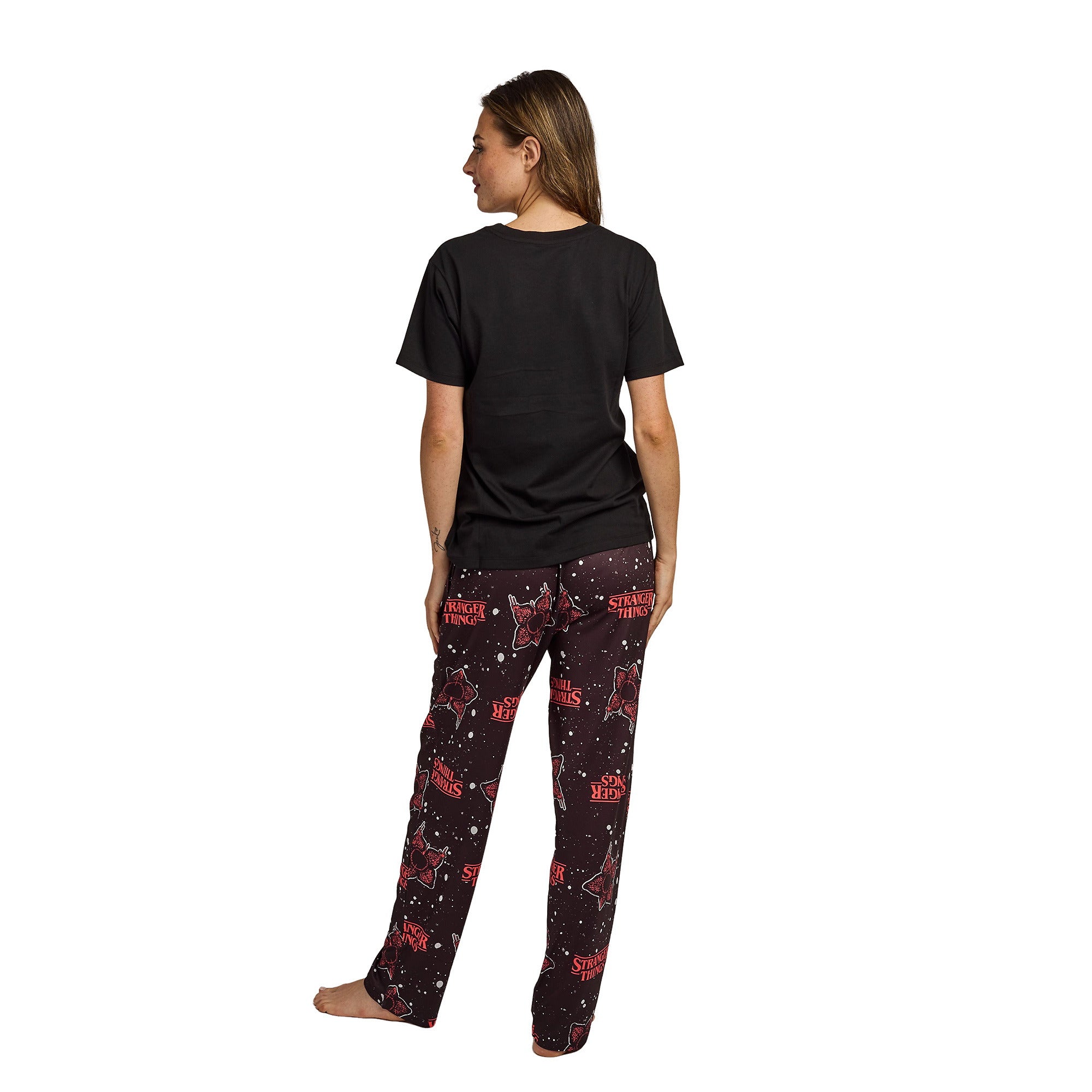 Stranger Thing Demogorgon Splatter Logo Women's Black Oversized Tee & Pants Sleep Set