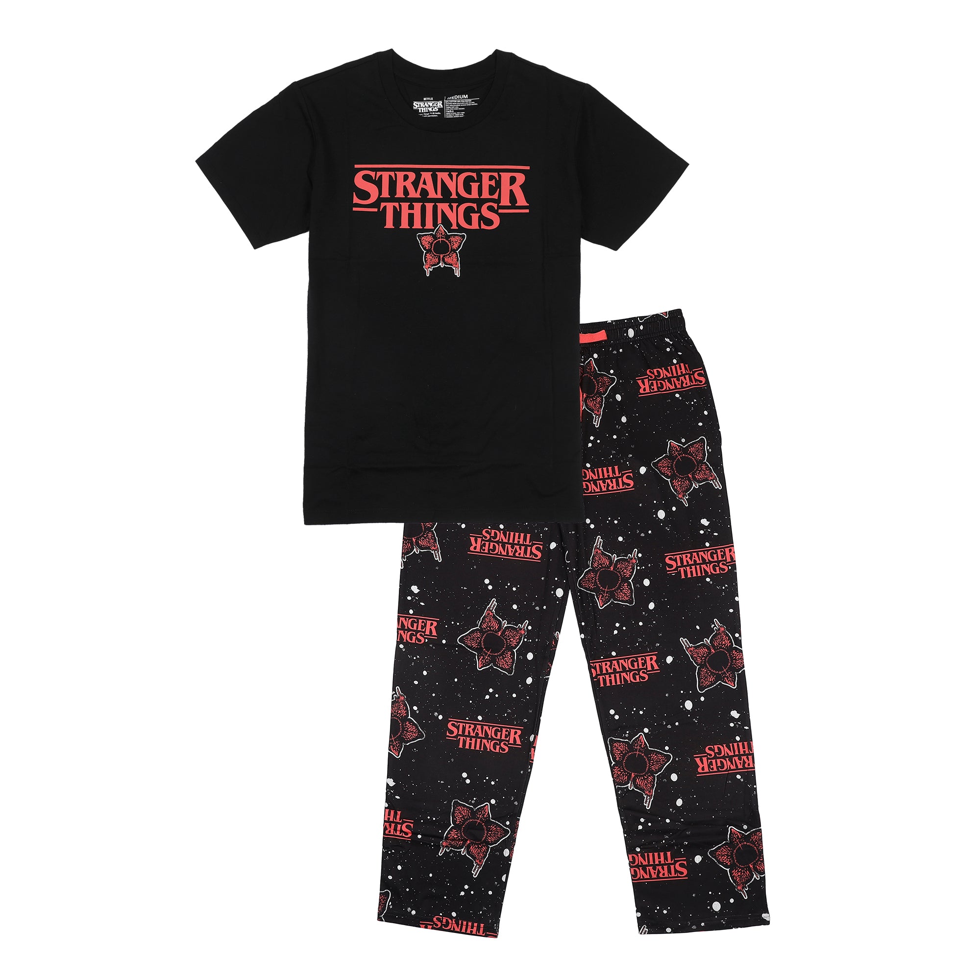 Stranger Thing Demogorgon Splatter Logo Women's Black Oversized Tee & Pants Sleep Set