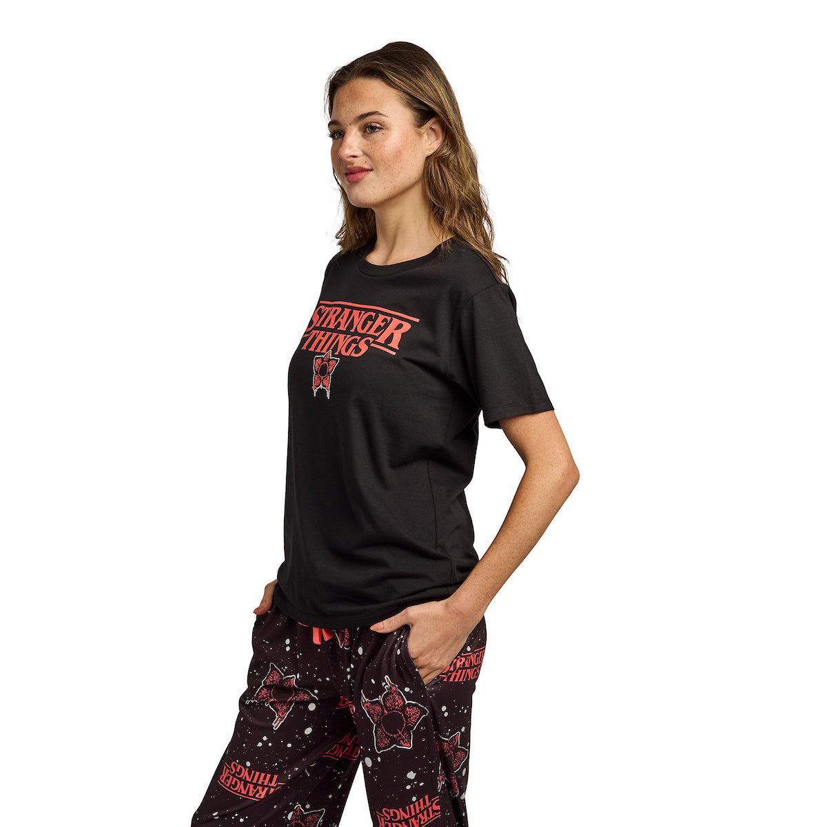 Stranger Thing Demogorgon Splatter Logo Women's Black Oversized Tee & Pants Sleep Set