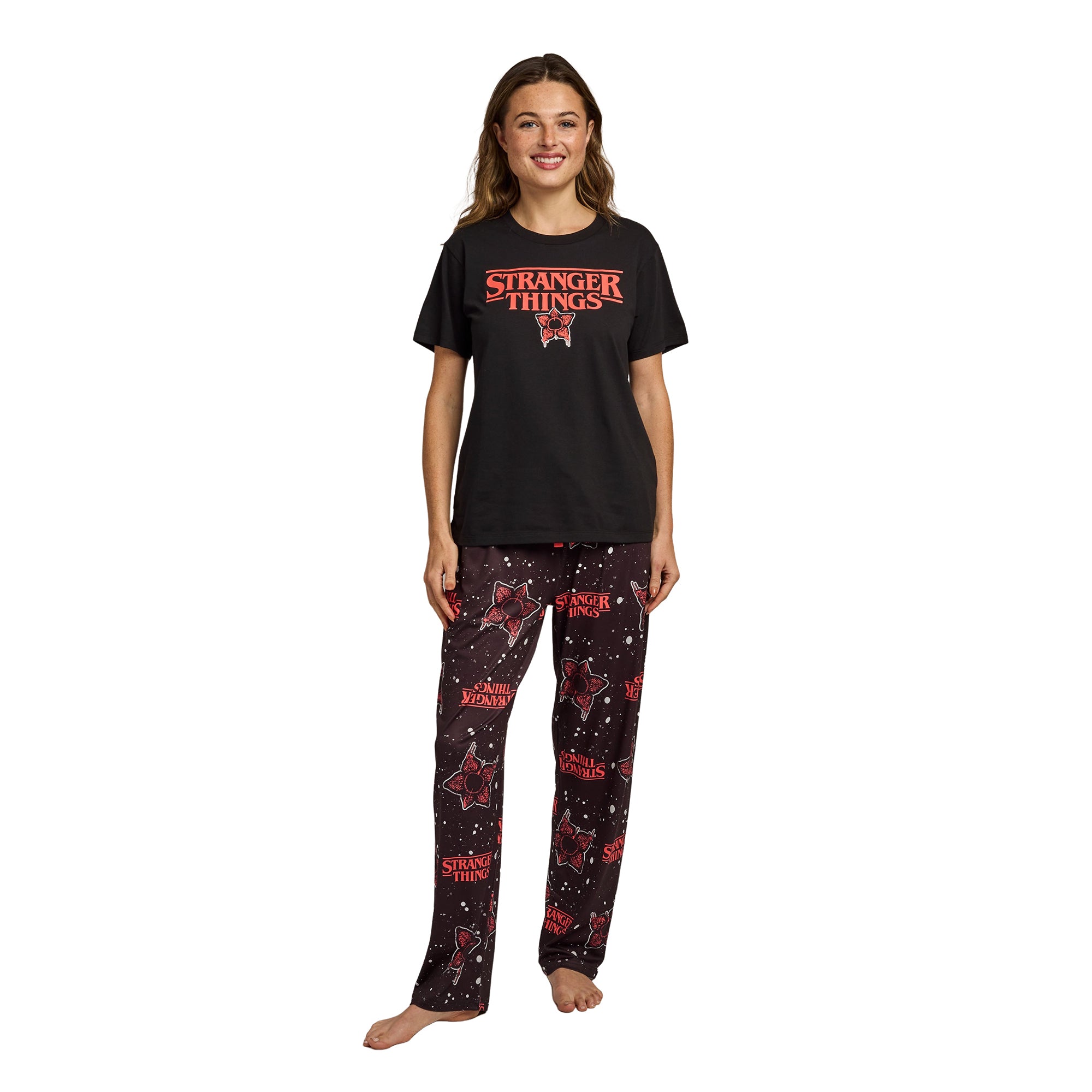 Stranger Thing Demogorgon Splatter Logo Women's Black Oversized Tee & Pants Sleep Set