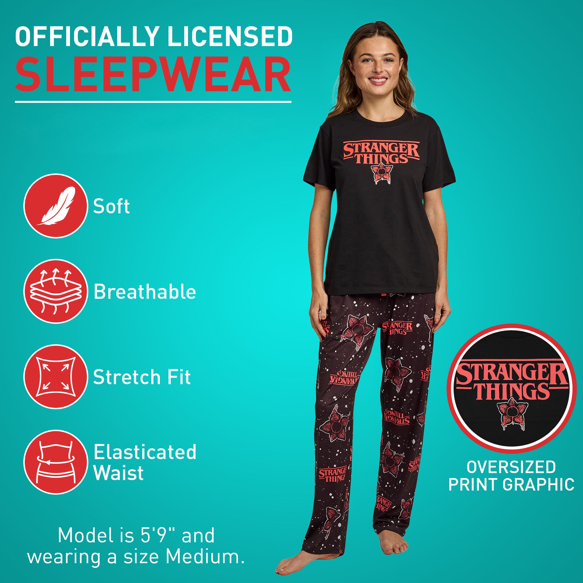 Stranger Thing Demogorgon Splatter Logo Women's Black Oversized Tee & Pants Sleep Set