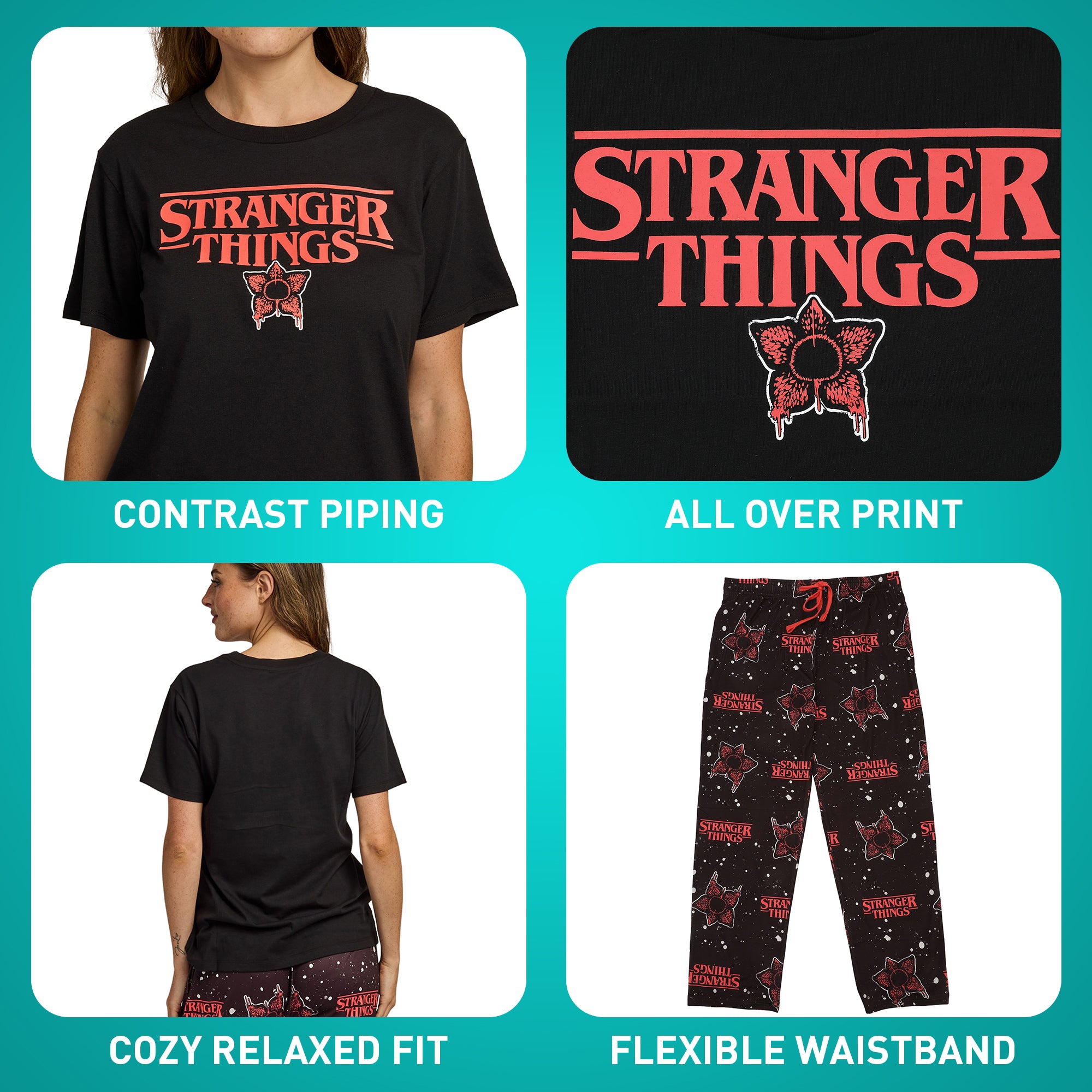 Stranger Thing Demogorgon Splatter Logo Women's Black Oversized Tee & Pants Sleep Set
