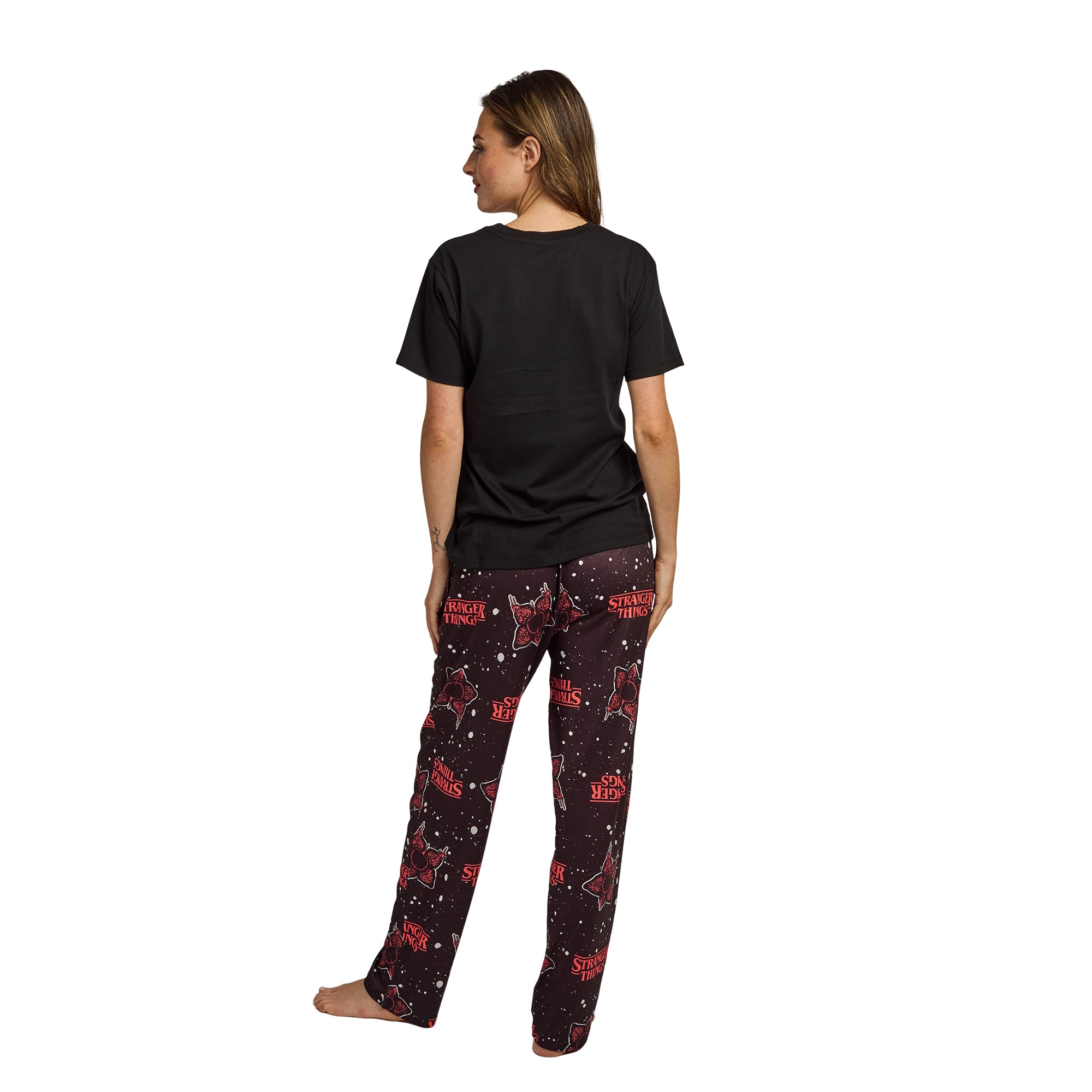 Stranger Thing Demogorgon Splatter Logo Women's Black Oversized Tee & Pants Sleep Set