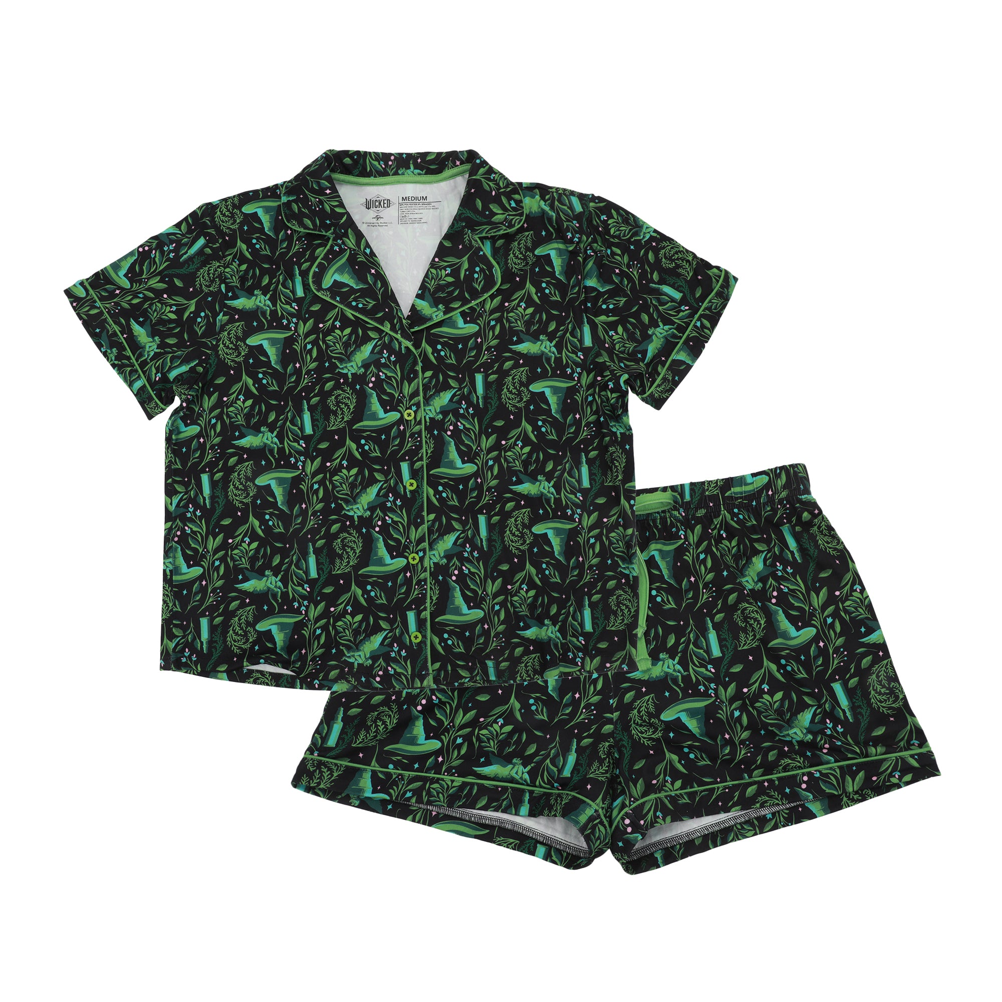 Wicked: For Good Elphaba Witch Hats All-Over Print Women’s Notch Collar Button-Down Shirt and Shorts Sleepwear Set