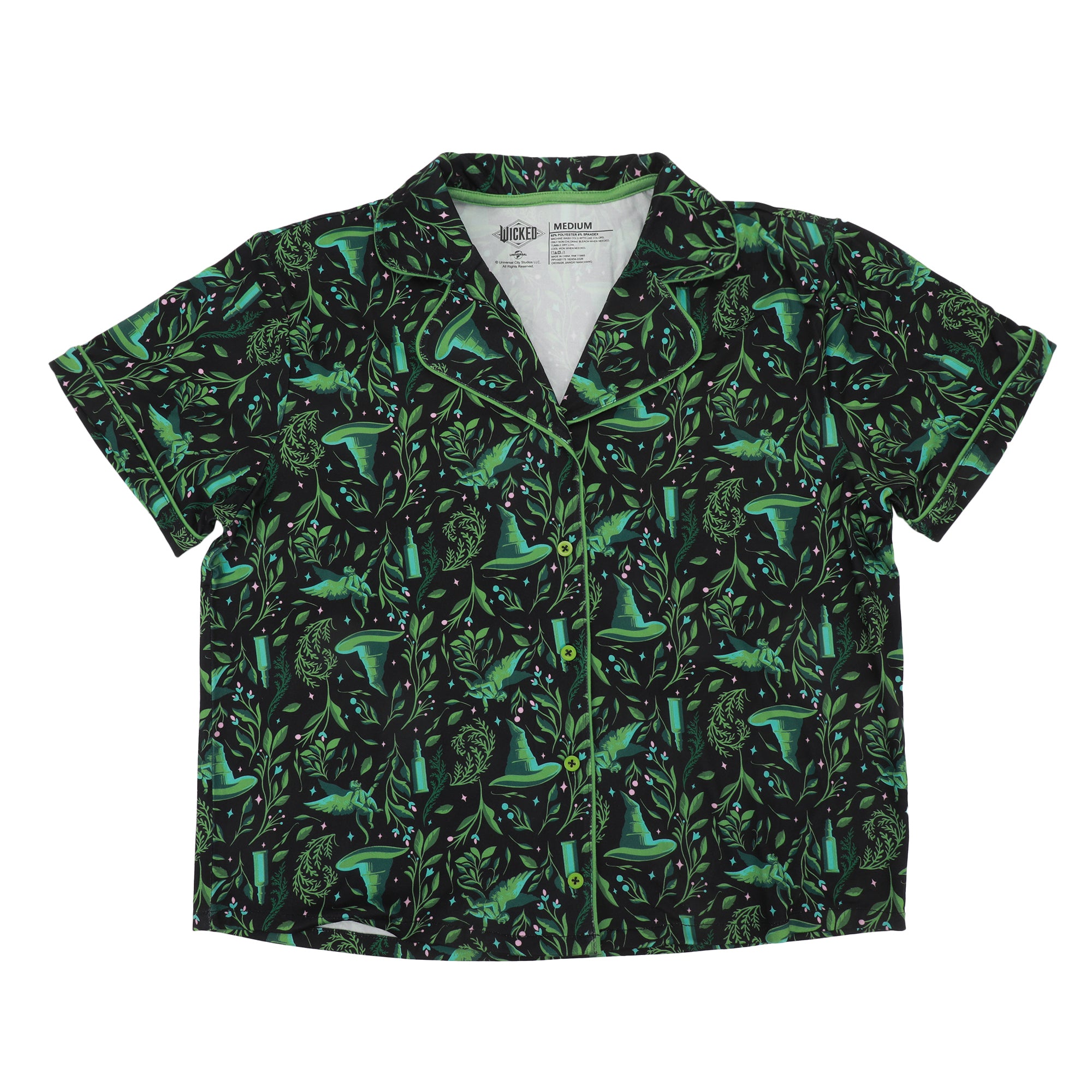 Wicked: For Good Elphaba Witch Hats All-Over Print Women’s Notch Collar Button-Down Shirt and Shorts Sleepwear Set