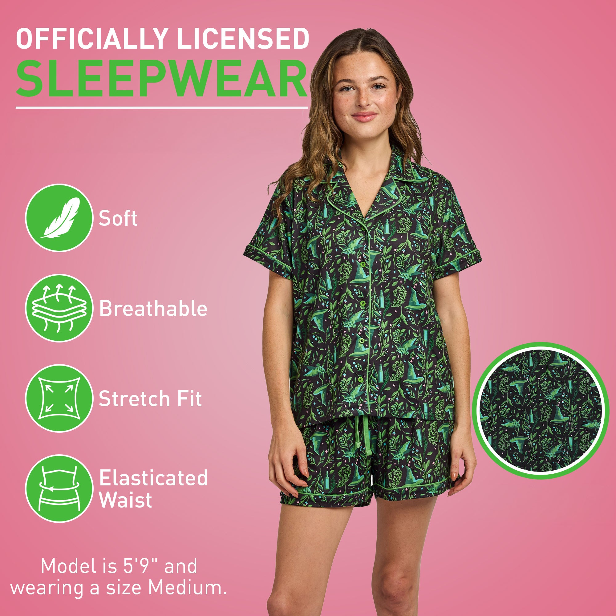 Wicked: For Good Elphaba Witch Hats All-Over Print Women’s Notch Collar Button-Down Shirt and Shorts Sleepwear Set