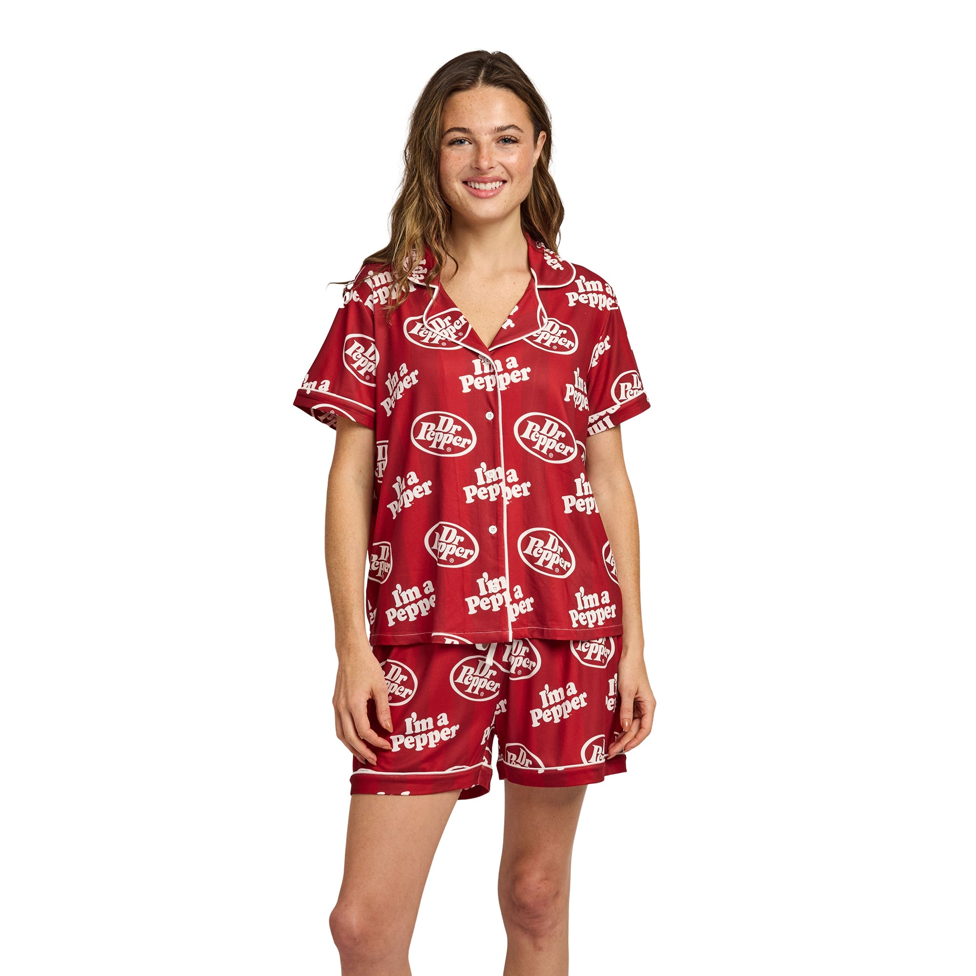 Dr. Pepper Classic Logo All-Over Print Women’s Notch Collar Button-Down Shirt and Shorts Sleepwear Set