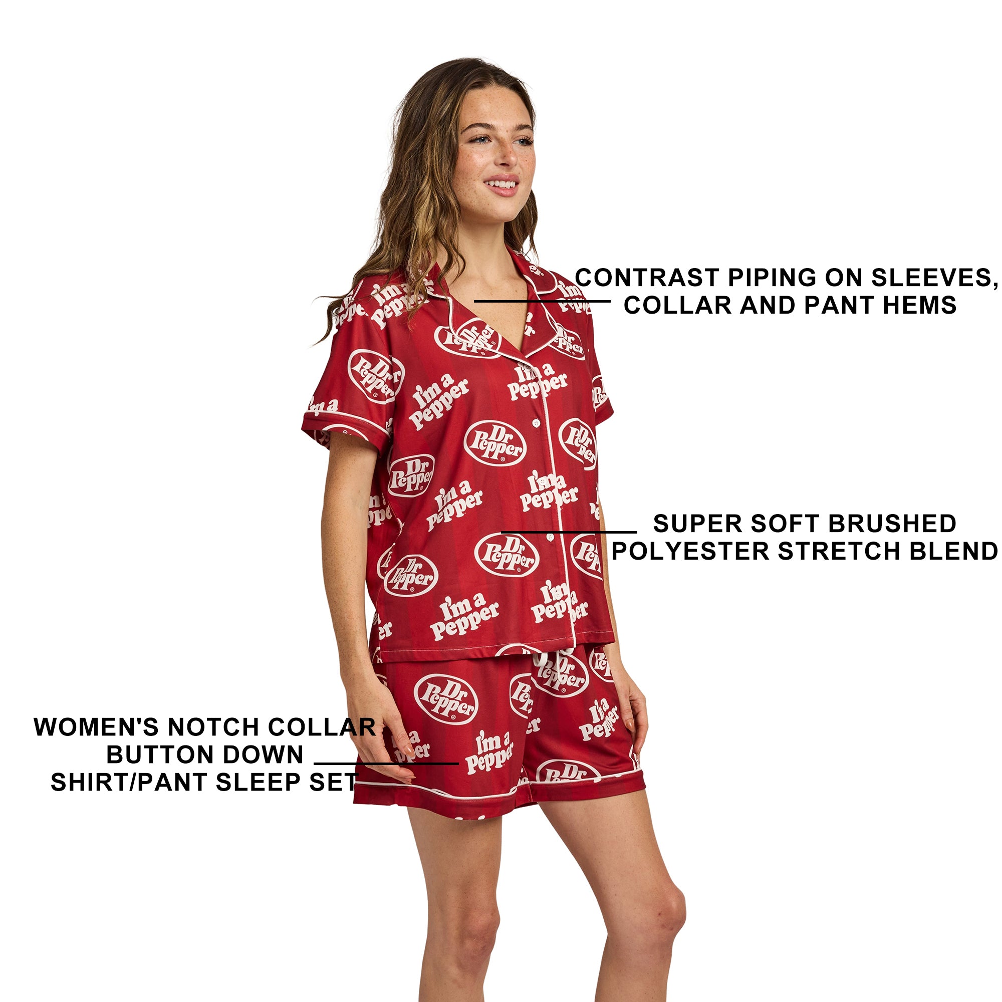 Dr. Pepper Classic Logo All-Over Print Women’s Notch Collar Button-Down Shirt and Shorts Sleepwear Set