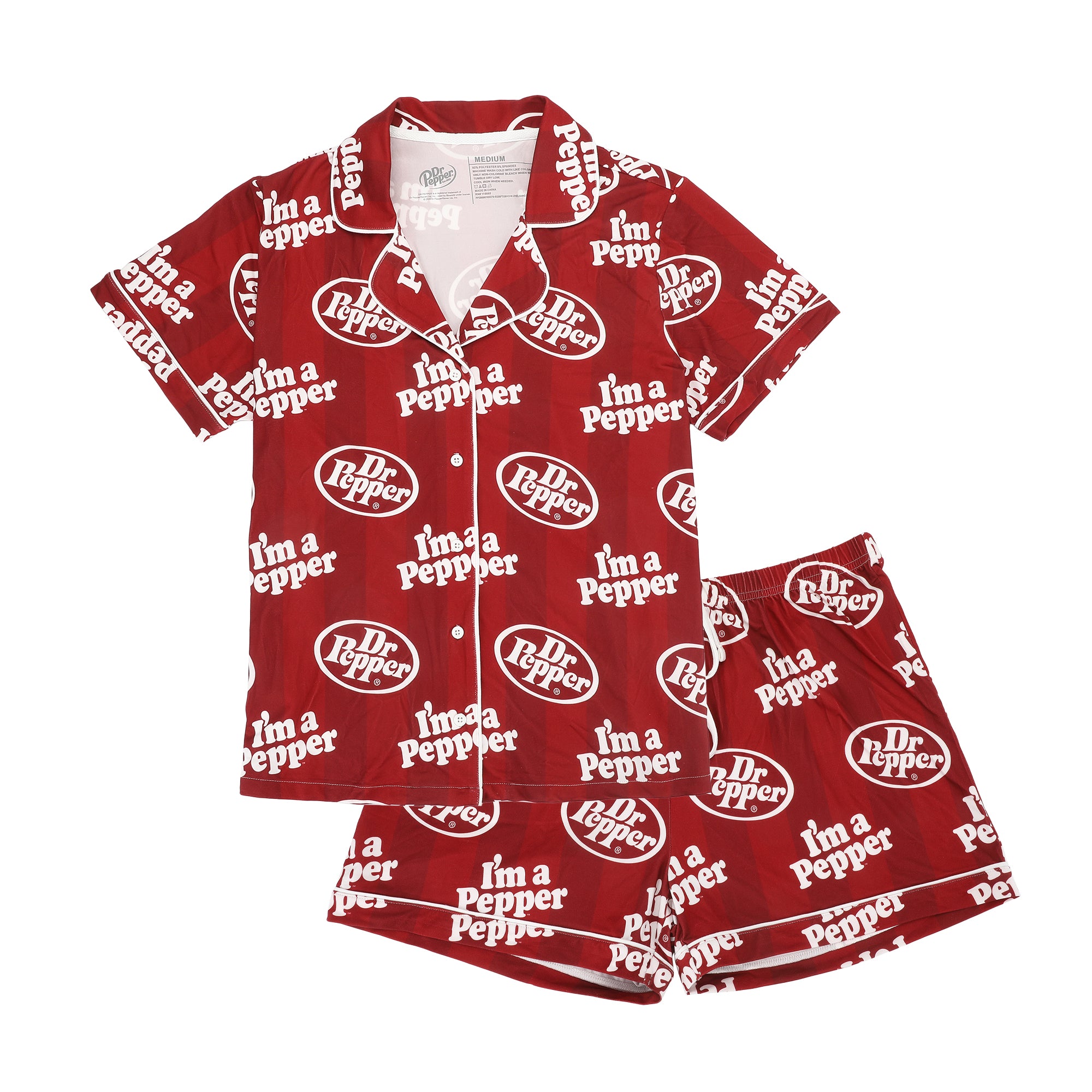 Dr. Pepper Classic Logo All-Over Print Women’s Notch Collar Button-Down Shirt and Shorts Sleepwear Set