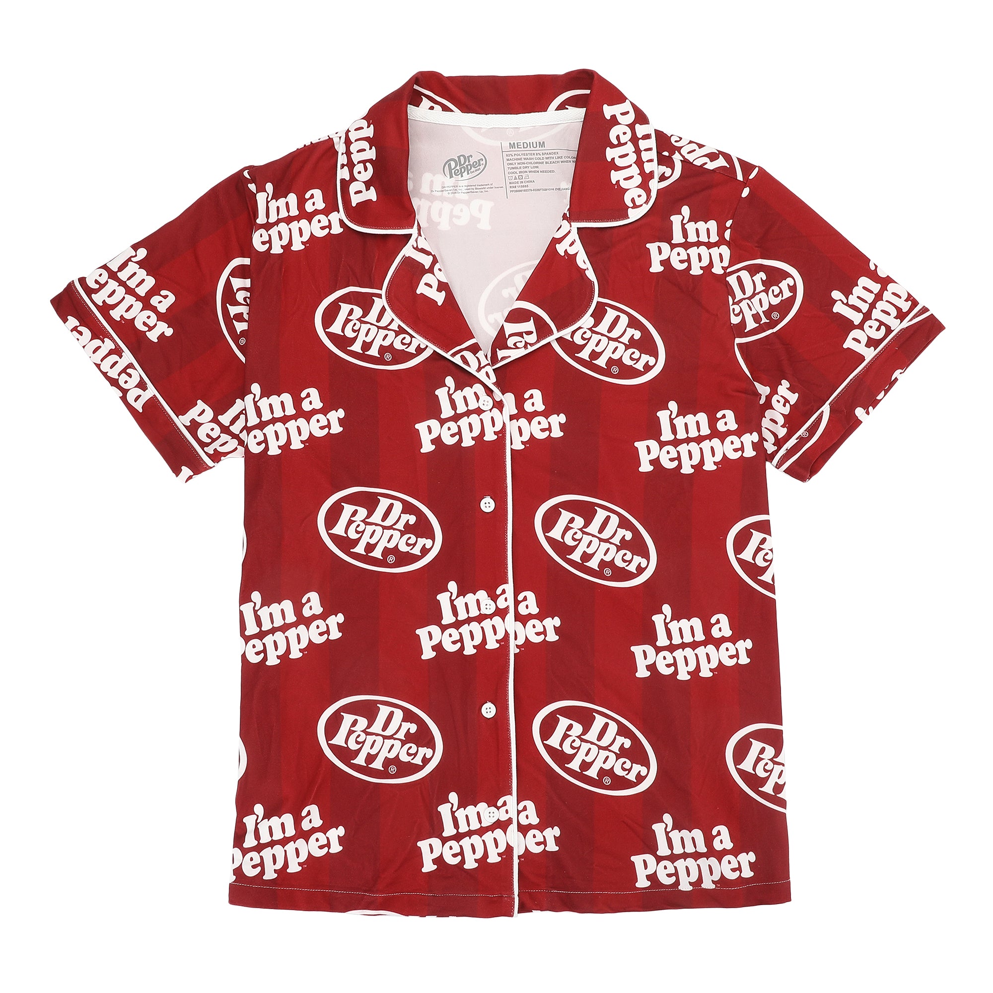 Dr. Pepper Classic Logo All-Over Print Women’s Notch Collar Button-Down Shirt and Shorts Sleepwear Set