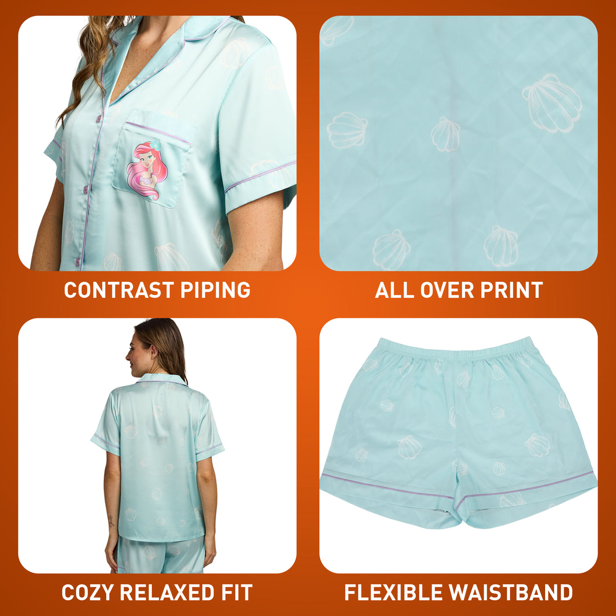 The Little Mermaid Ariel & Character Line Art Women's 2-Pack Satin Pajama Set
