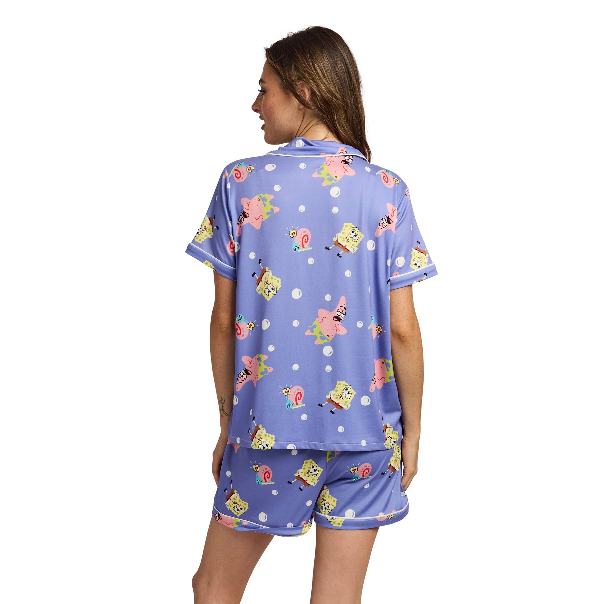 Spongebob Squarepants Favorite Characters All-Over Print Women’s Notch Collar Button-Down Shirt and Shorts Sleepwear Set