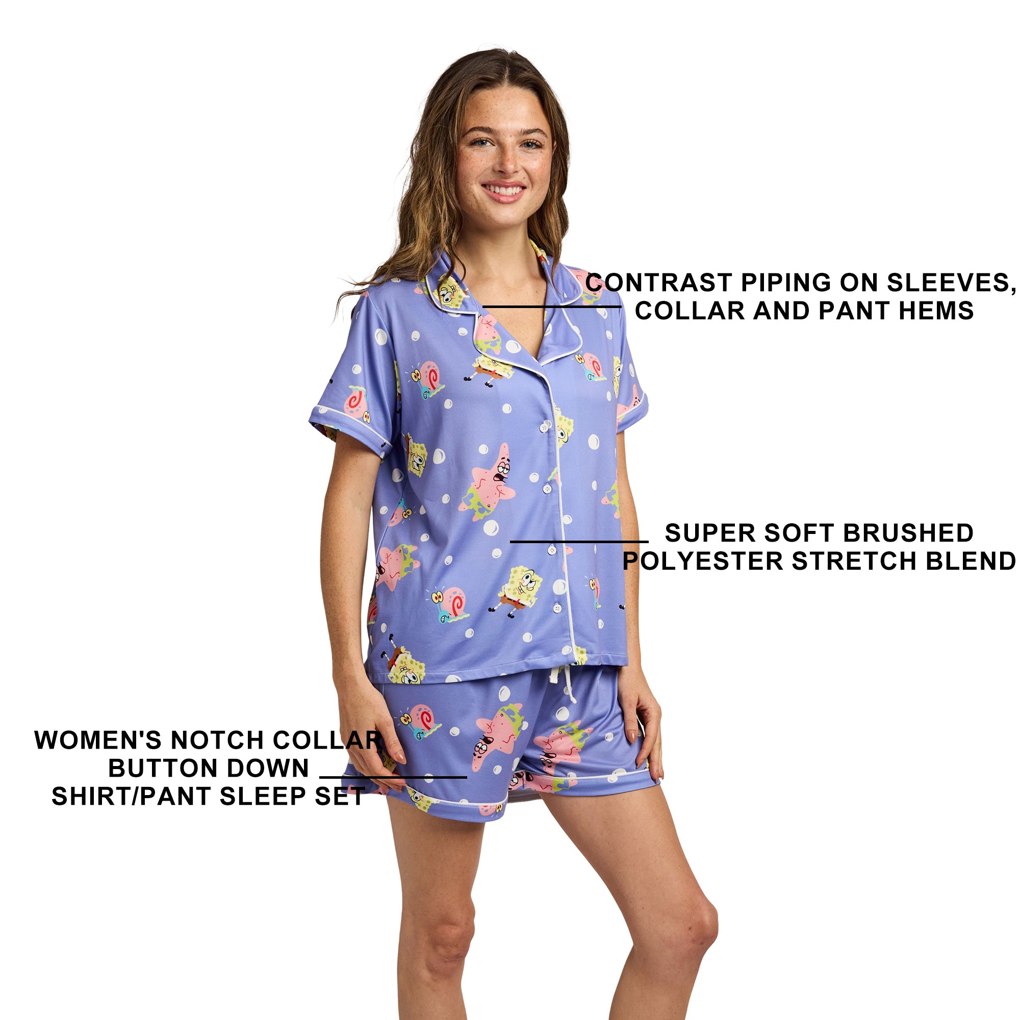 Spongebob Squarepants Favorite Characters All-Over Print Women’s Notch Collar Button-Down Shirt and Shorts Sleepwear Set