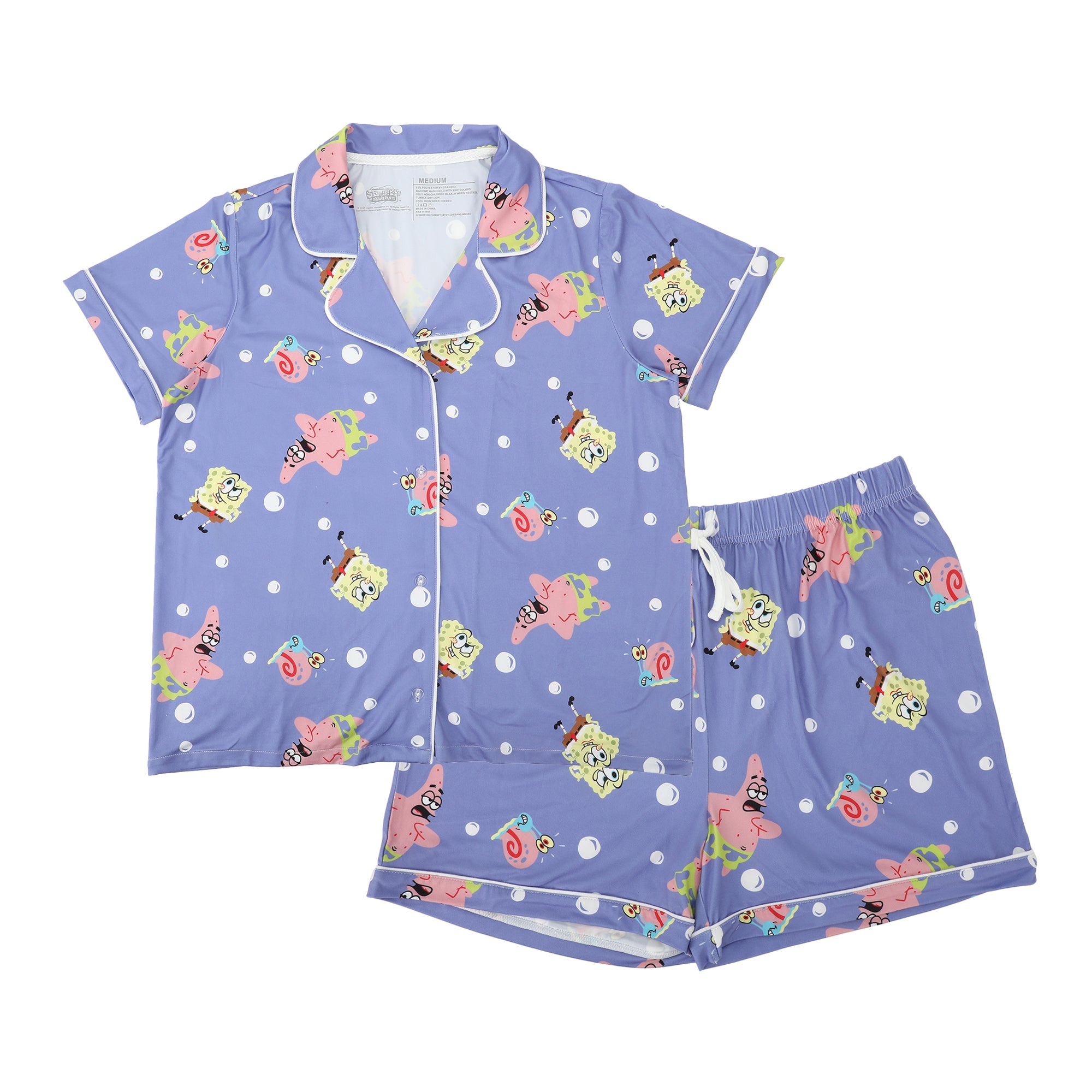 Spongebob Squarepants Favorite Characters All-Over Print Women’s Notch Collar Button-Down Shirt and Shorts Sleepwear Set