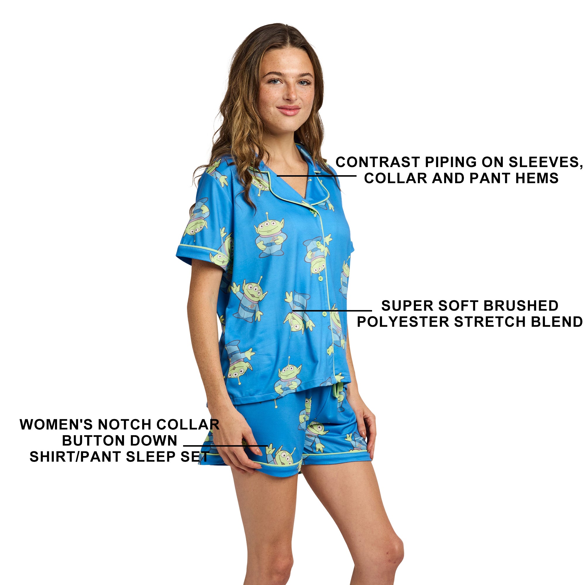 Toy Story Aliens All-Over Print Women’s Notch Collar Button-Down Shirt and Shorts Sleepwear Set
