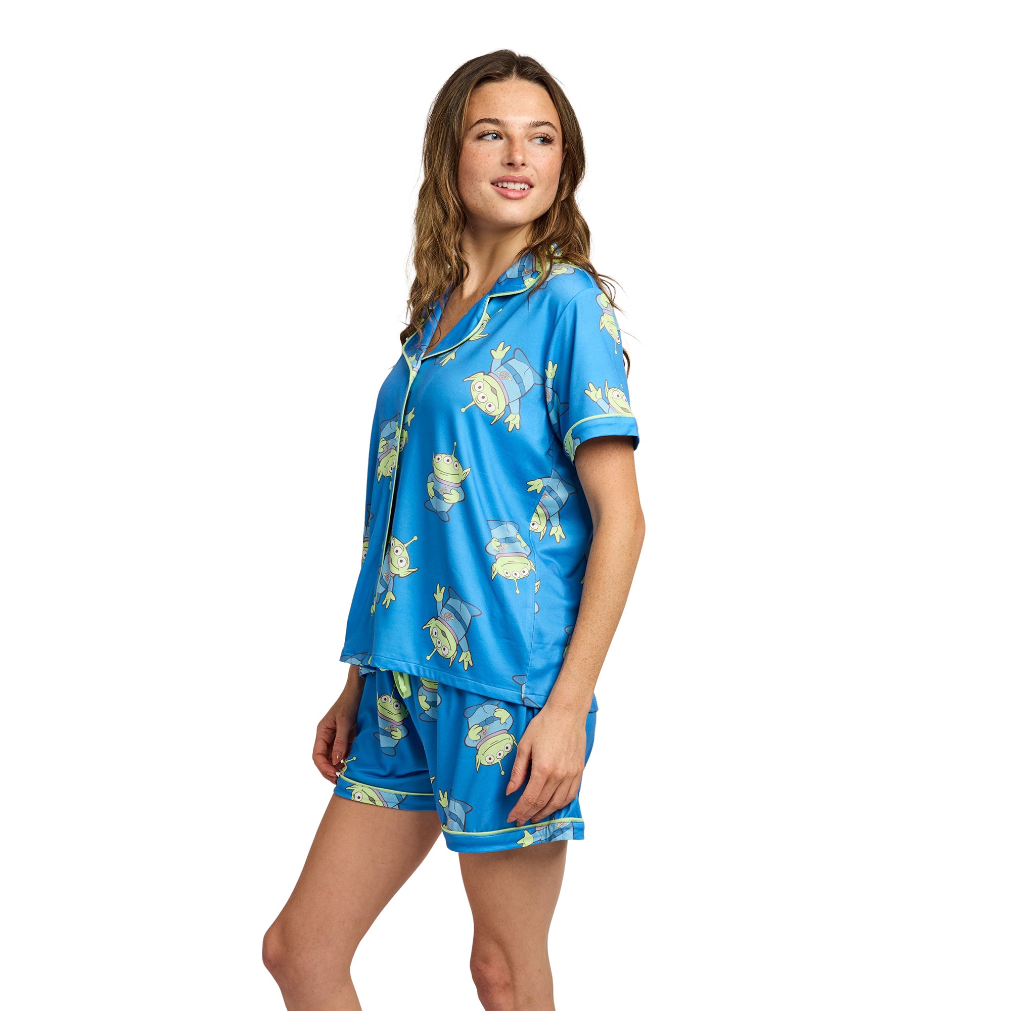 Toy Story Aliens All-Over Print Women’s Notch Collar Button-Down Shirt and Shorts Sleepwear Set
