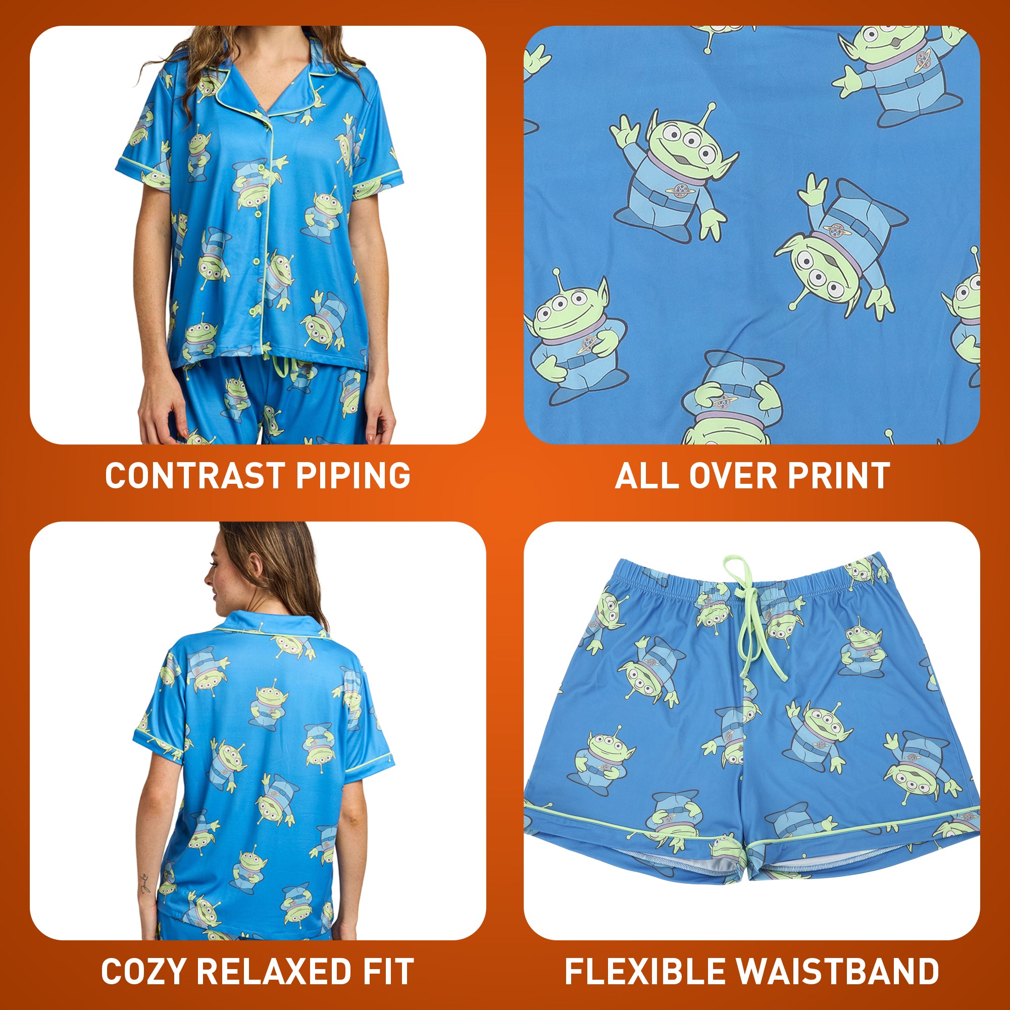 Toy Story Aliens All-Over Print Women’s Notch Collar Button-Down Shirt and Shorts Sleepwear Set