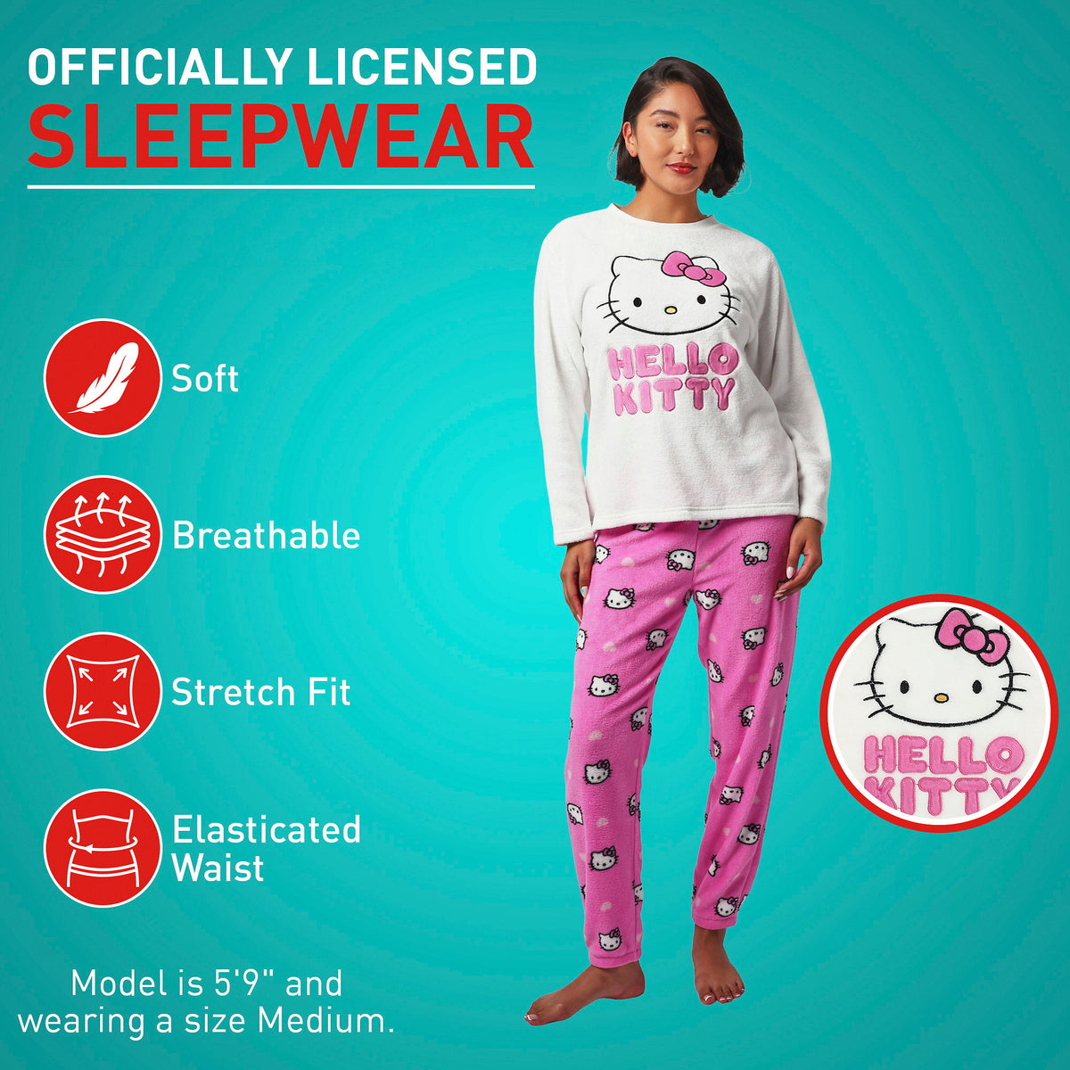 Hello Kitty Long Sleeve Applique Pajama Set for Women