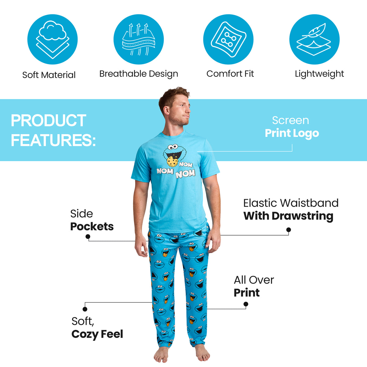 Sesame Street Cookie Monster Men's 2-Pack Pajama Set