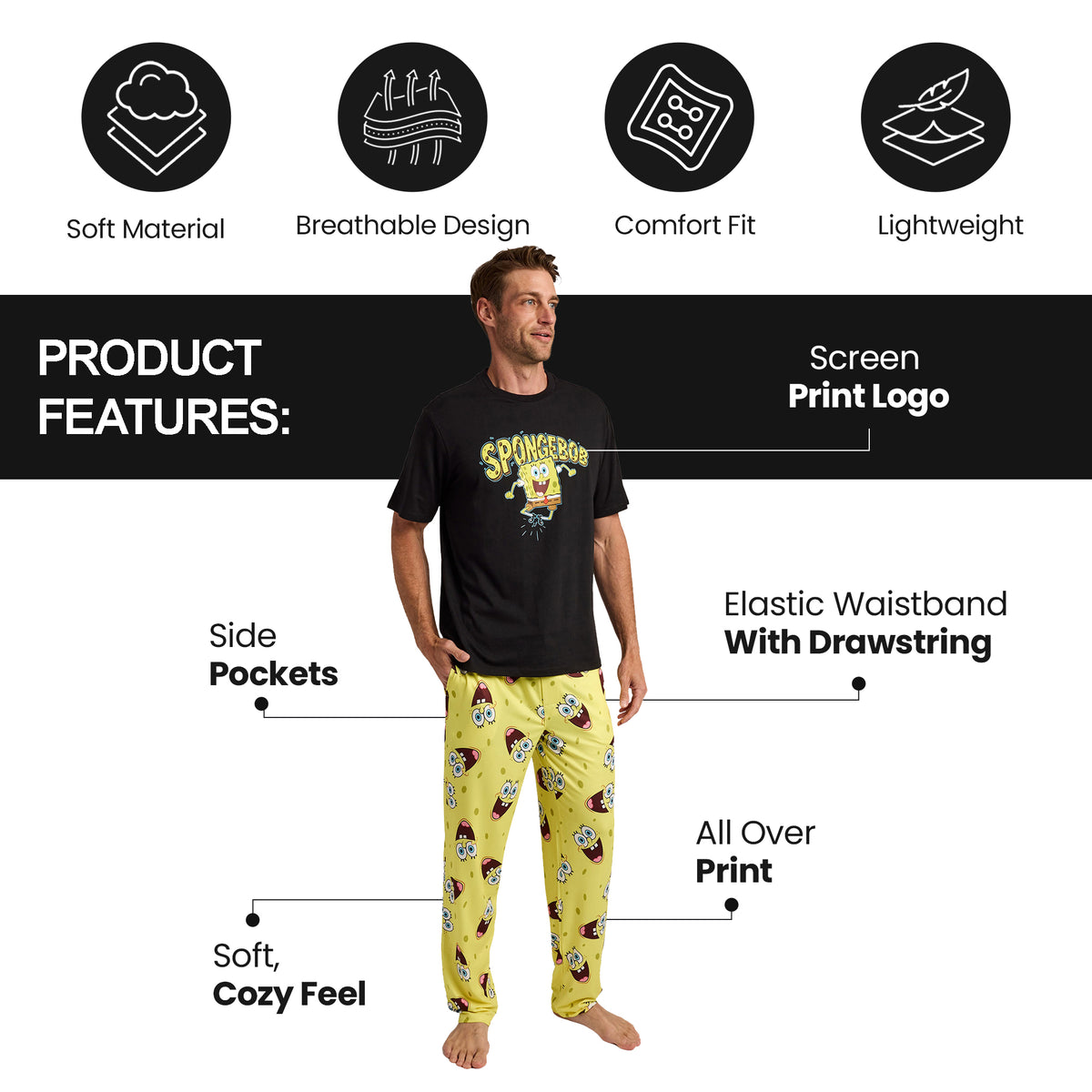Spongebob Squarepants Character Logo Men's 2-Pack Pajama Set