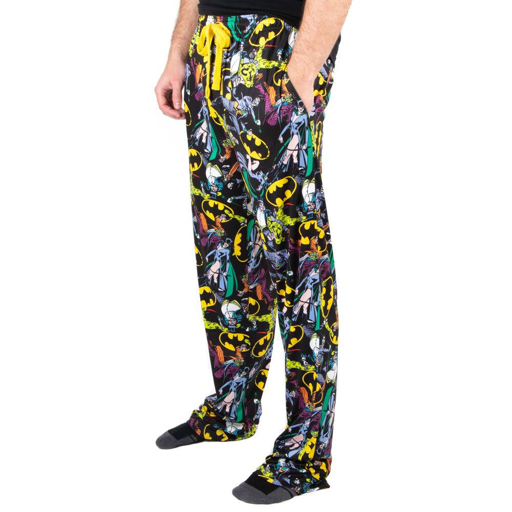 Batman Logos & DC Comics Characters All Over Print Mens Black Sleep Pajama Pants