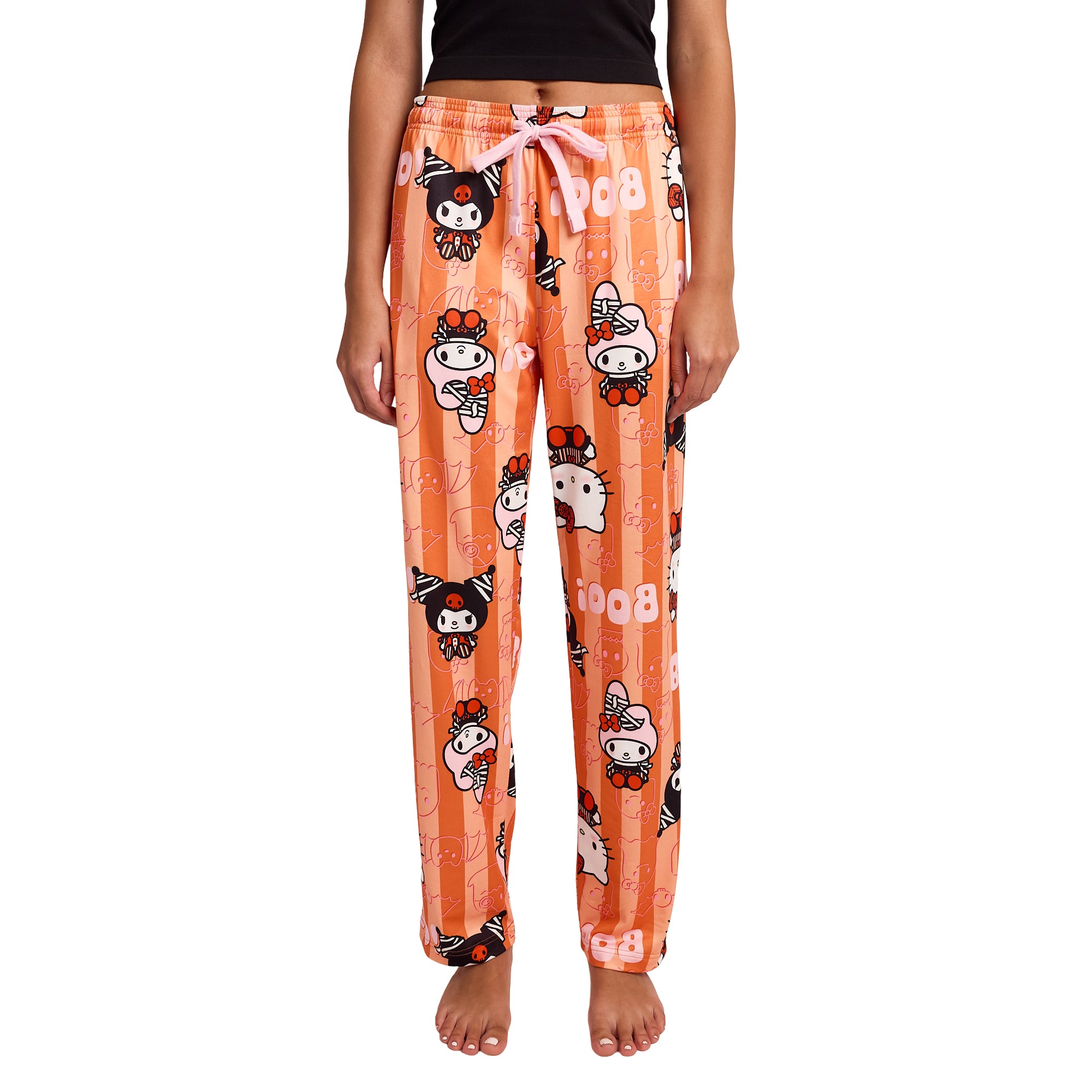 Hello Kitty Boo Halloween Costumes Women's Orange Striped Sleep Pajama Pants