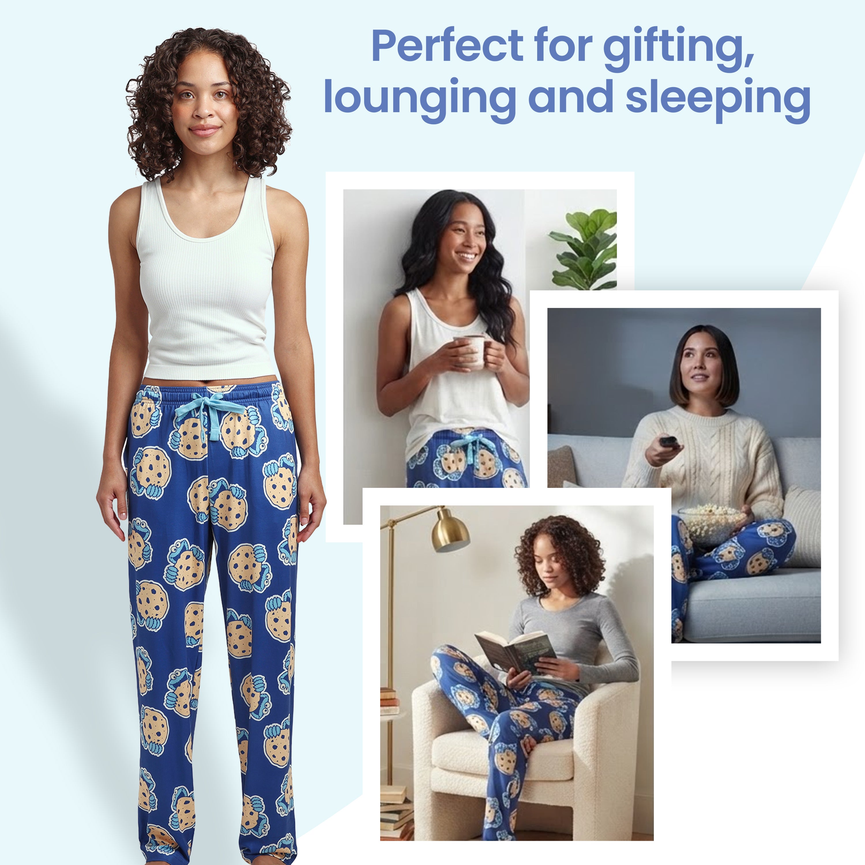 Sesame Street Cookie Monster Giant Cookie Women's Blue Quick Turn Sleep Pajama Pants