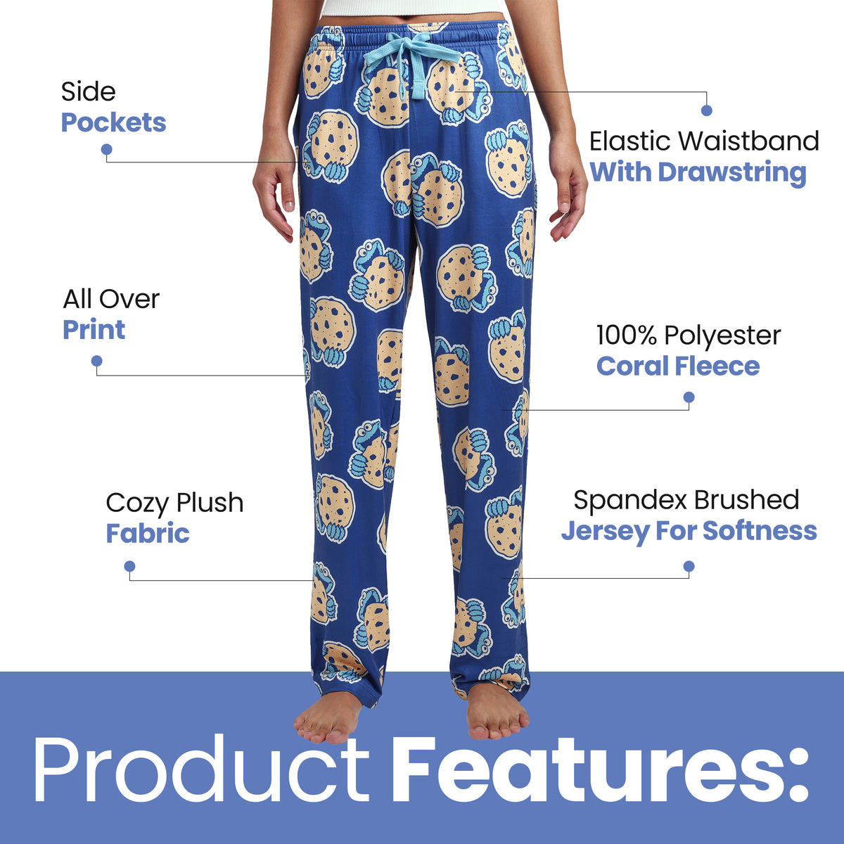 Sesame Street Cookie Monster Giant Cookie Women's Blue Quick Turn Sleep Pajama Pants