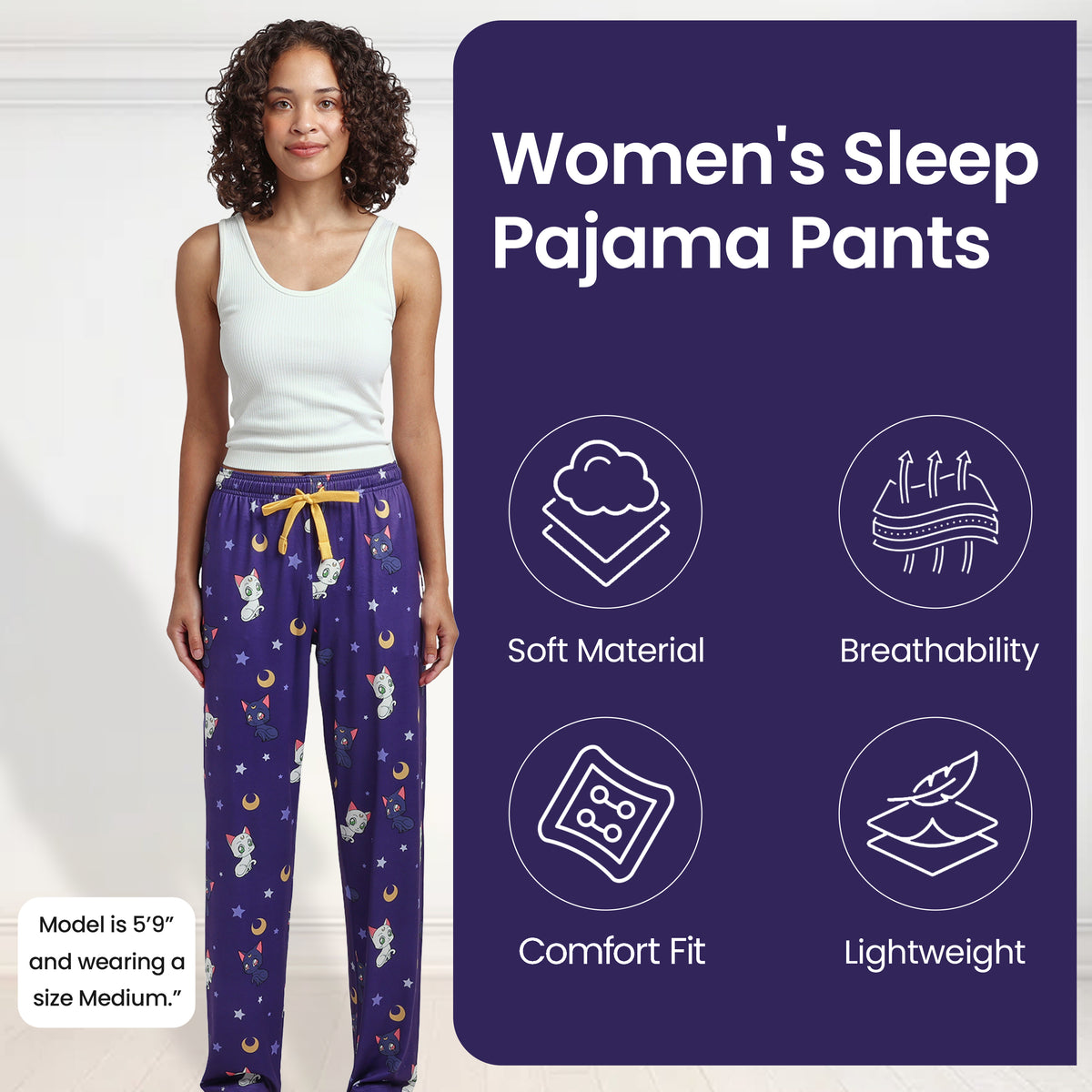 Sailor Moon Artemis & Luna All-Over Print Women's Purple Quick Turn Sleep Pajama Pants